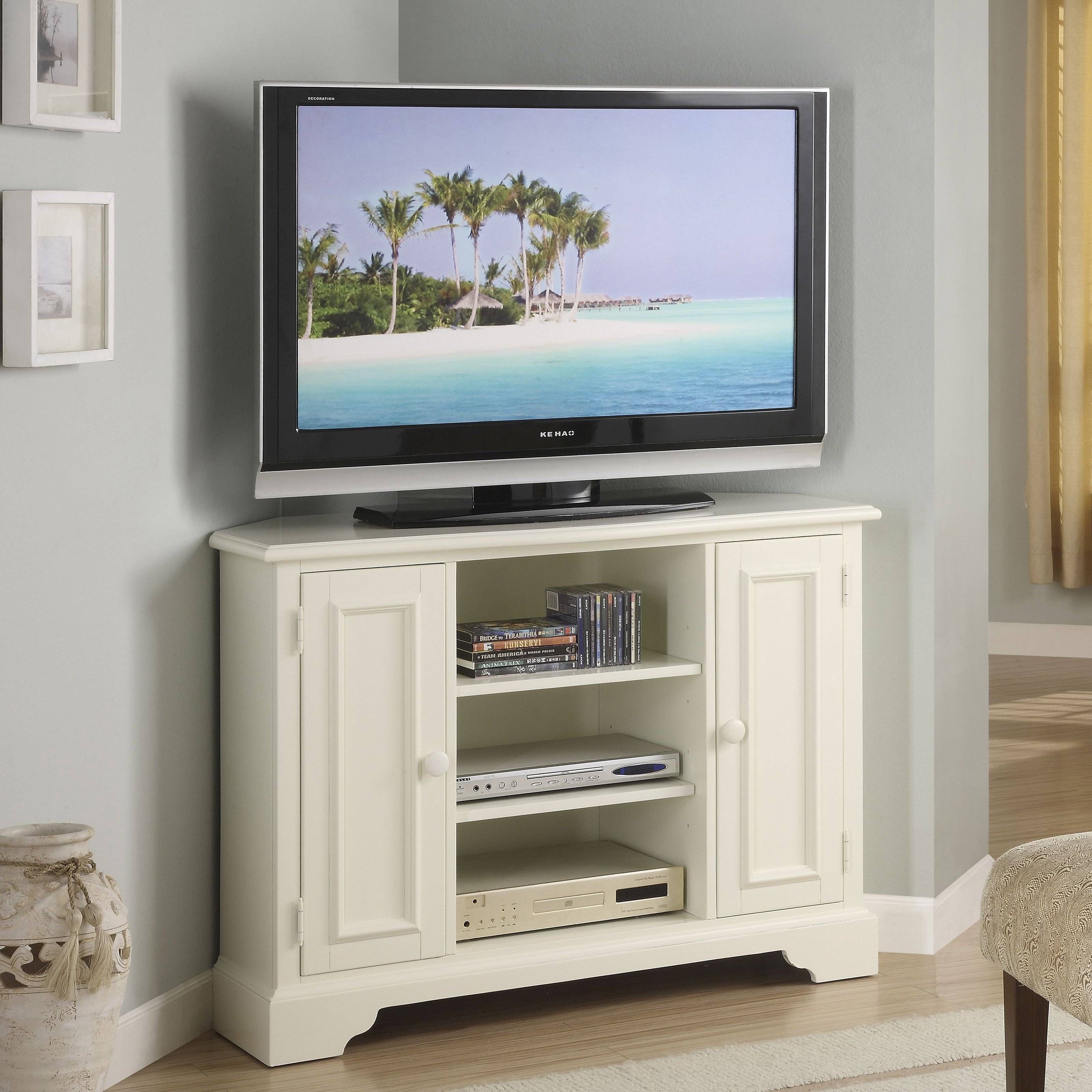 White Painted Mahogany Wood Corner Tv Stand With Classic Swing Regarding Corner Tv Cabinets For Flat Screens With Doors (Photo 11 of 15)