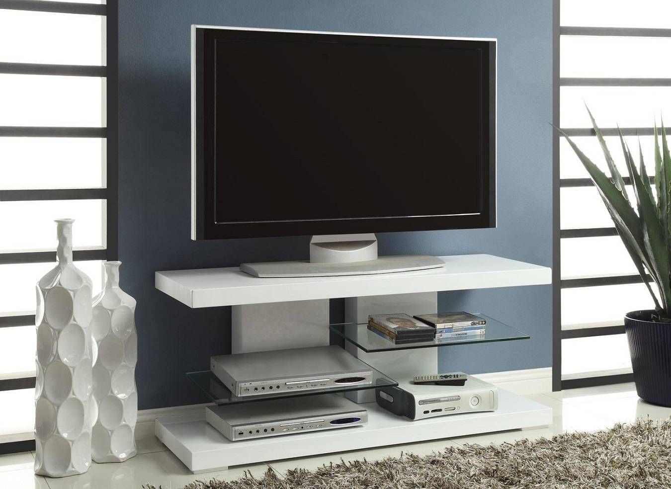 White Painted Plywood Flat Screen Tv Stand With Tempered Glass Within Modern Tv Cabinets For Flat Screens (Photo 15 of 15)