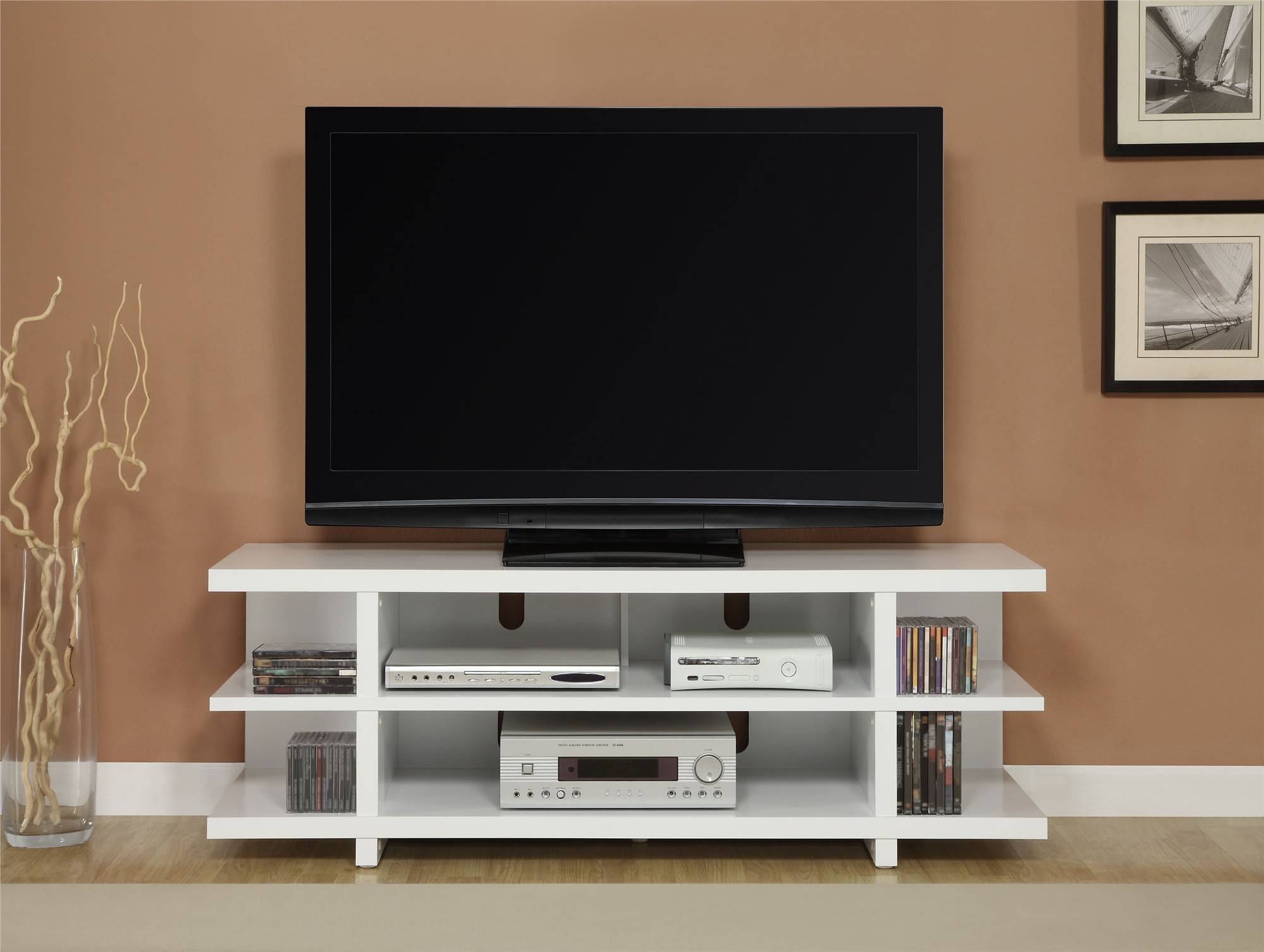 White Stained Wooden Tv Stand Having Several Open Shelves For In Contemporary Tv Cabinets For Flat Screens (Photo 1 of 15)