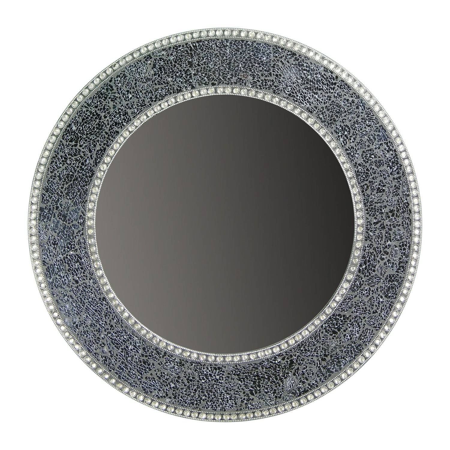 24" Black And Silver, Round Wall Mirror, Crackled Glass Mosaic With Regard To Black Mosaic Mirrors (Photo 6 of 15)