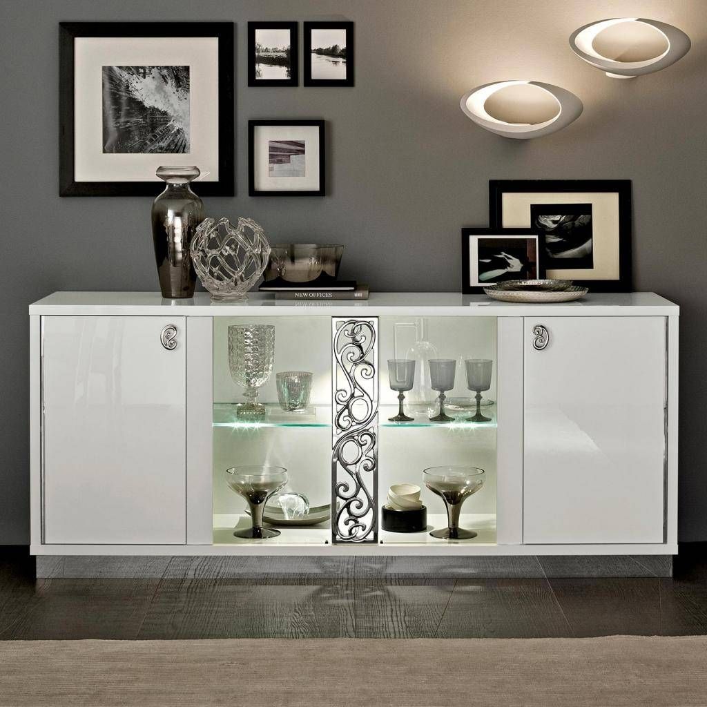 Caligula Italian White High Gloss 4 Door Sideboard, 2 Glass Doors Intended For White Sideboards With Glass Doors (View 1 of 15)