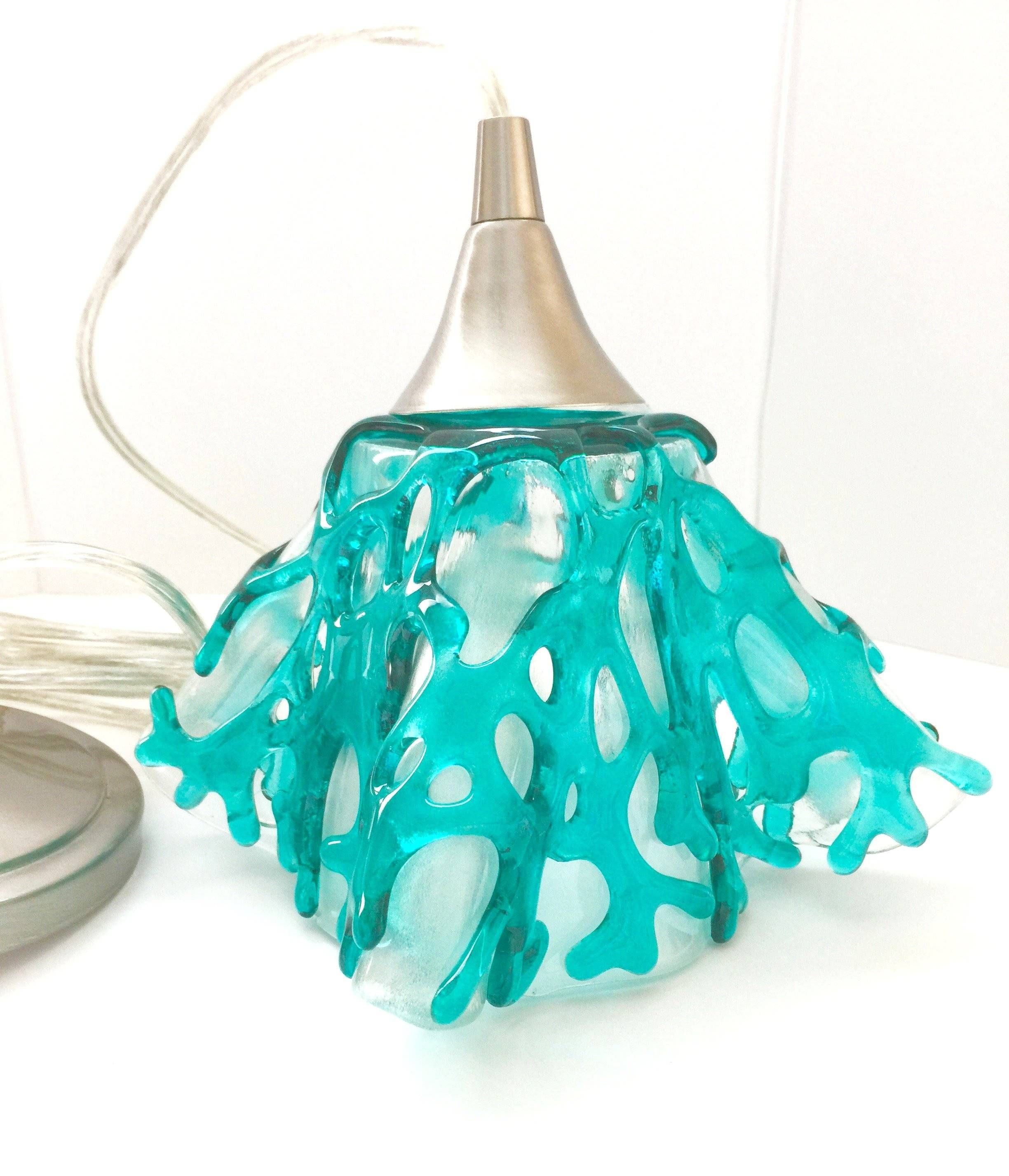 Coastal Coral Aqua Hanging Pendant Light For Kitchen Island Or Intended For Sea Glass Pendant Lights (View 11 of 15)