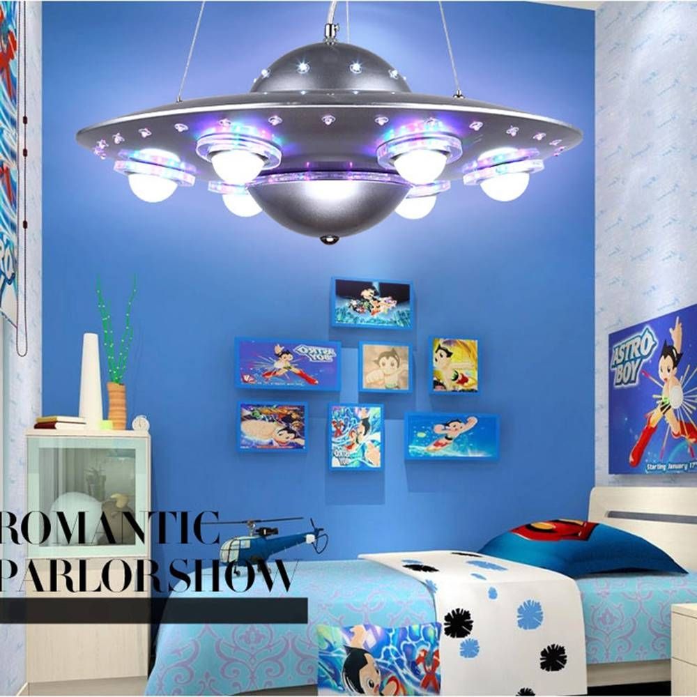 Colorful Remote Control Ufo Spaceship Chandelier Children's Room Regarding Kids Room Pendant Lights (Photo 7 of 15)