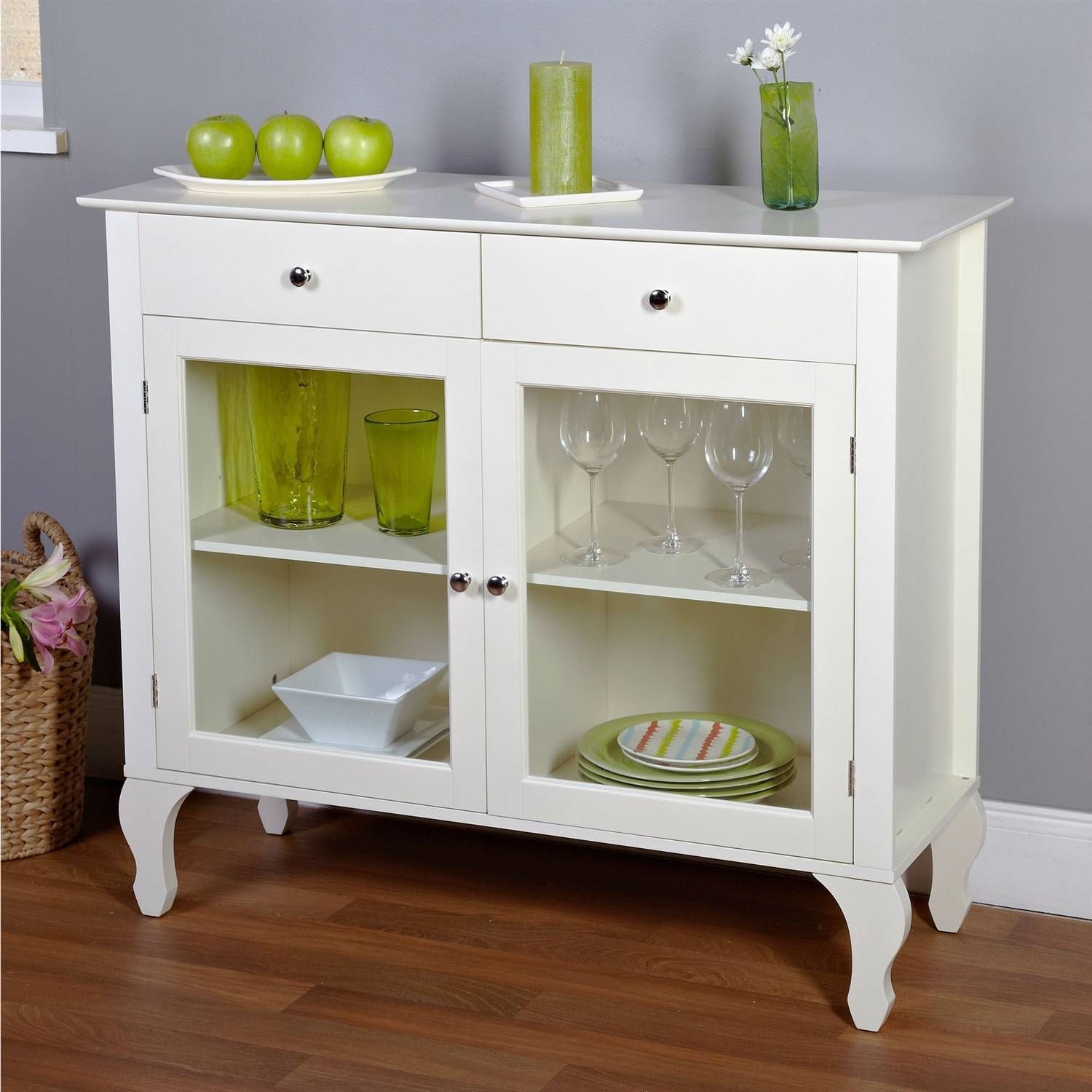 Furniture: White Sideboard Buffet With Two Drawers And Glass Door With Glass Buffet Table Sideboards (View 5 of 15)