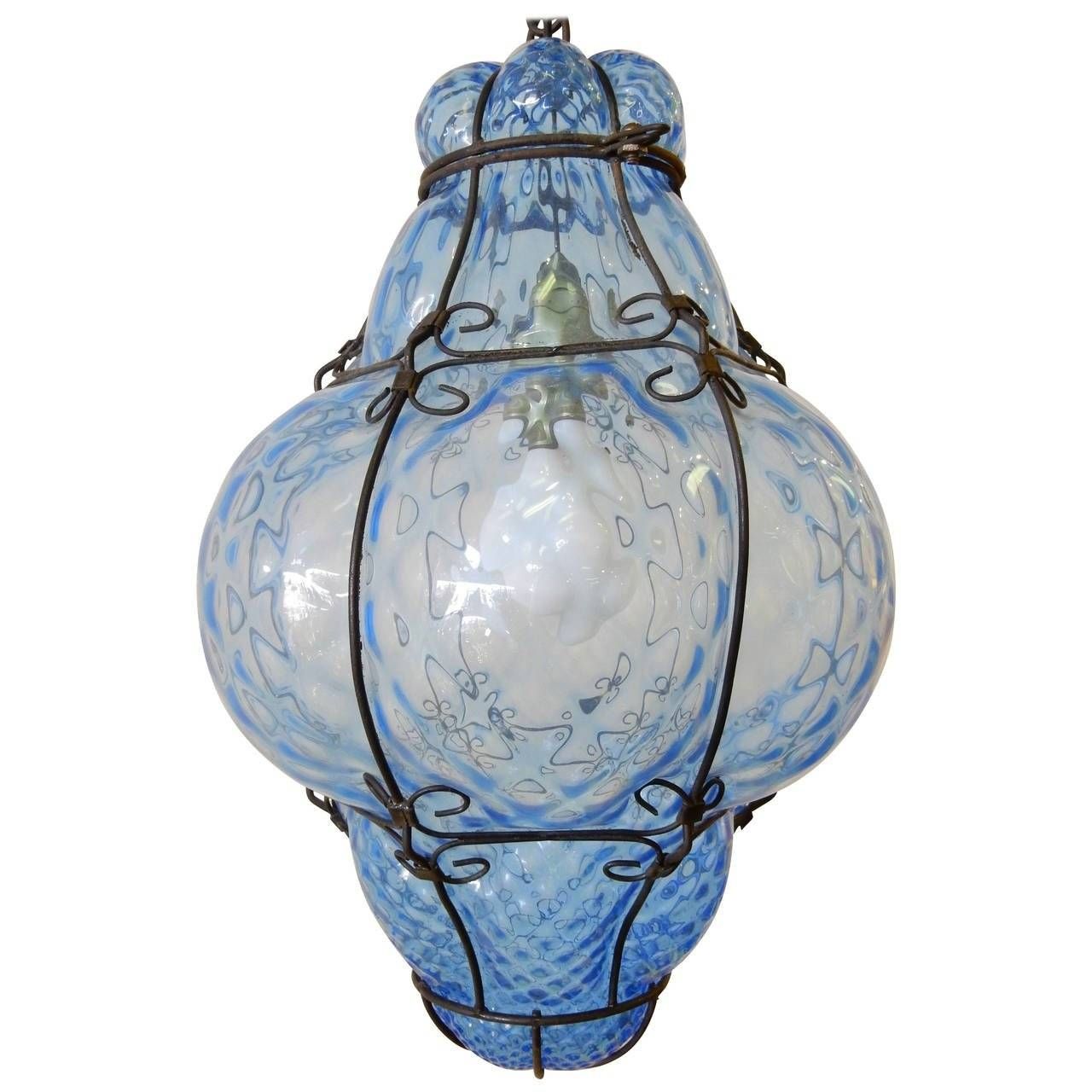 Italian Cage Art Glass Pendant Lampseugso In Aqua Blue At 1stdibs Within Blue Glass Pendant Lights (Photo 13 of 15)