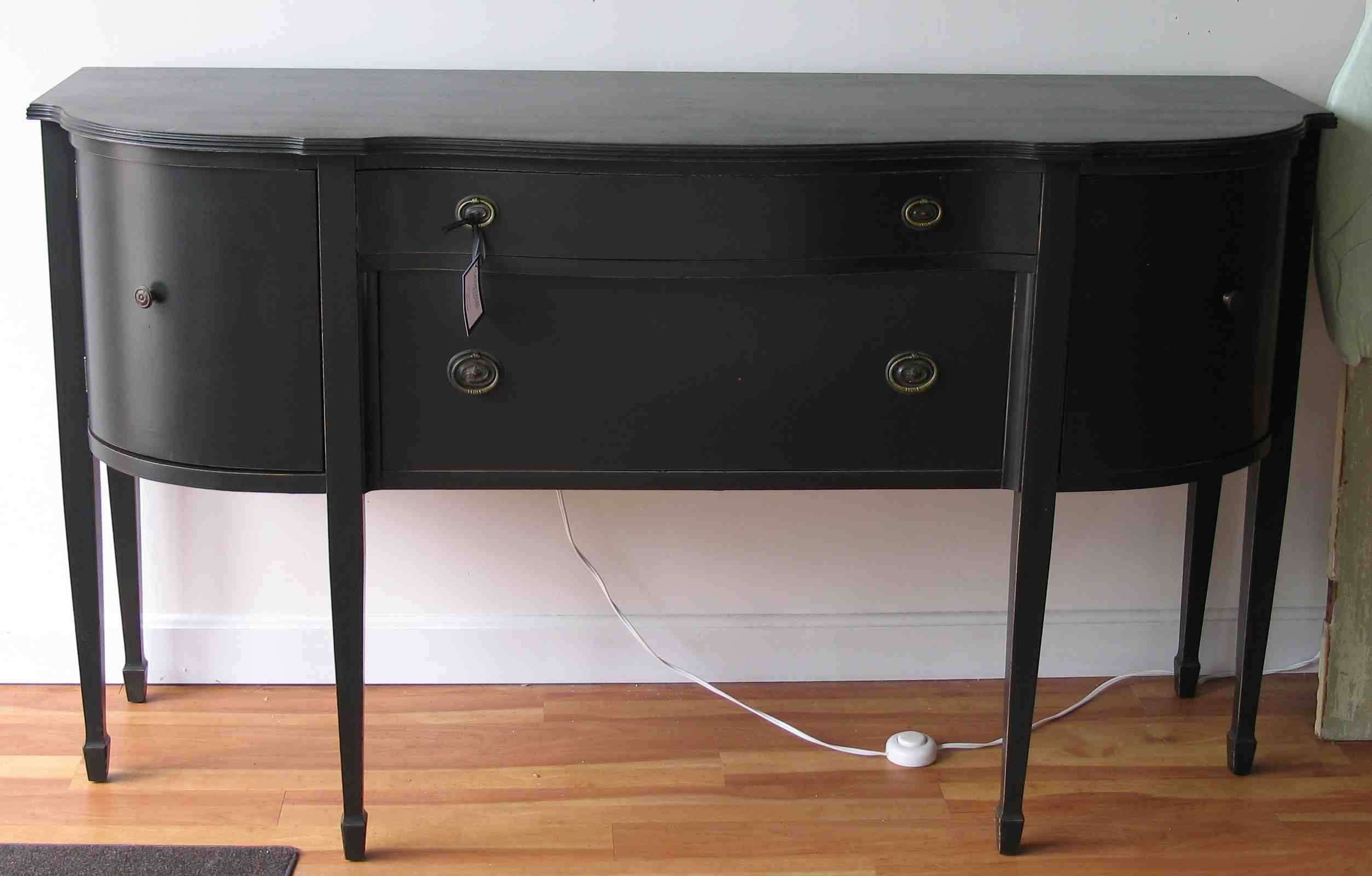 Semi Oval Black Wooden Table With Storage And Drawers Plus Long Intended For Black Sideboard Cabinets (View 12 of 15)