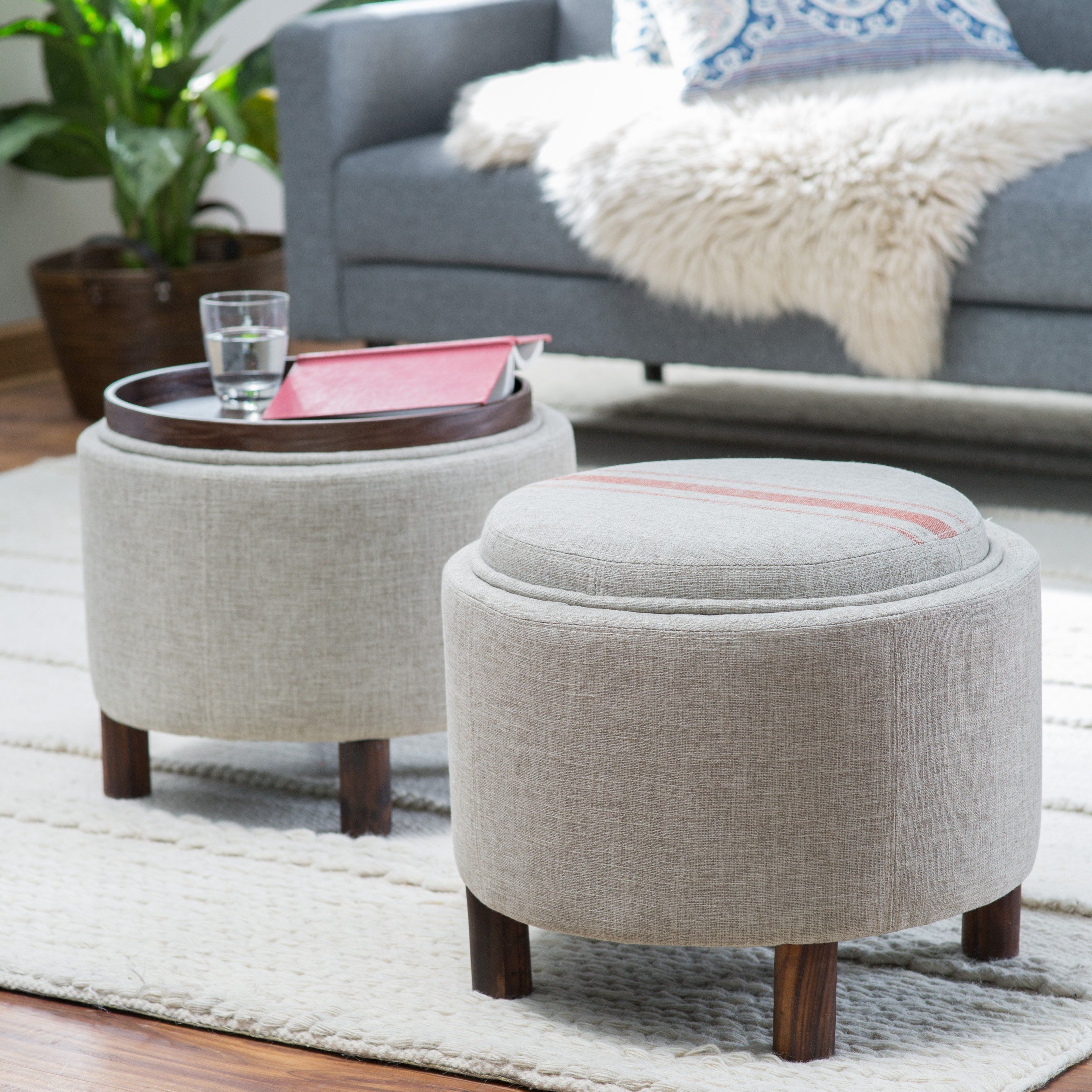 Belham Living Ingram Round Storage Ottoman With Cocktail Tray – Tb With Regard To Ottomans With Tray (Photo 1 of 15)