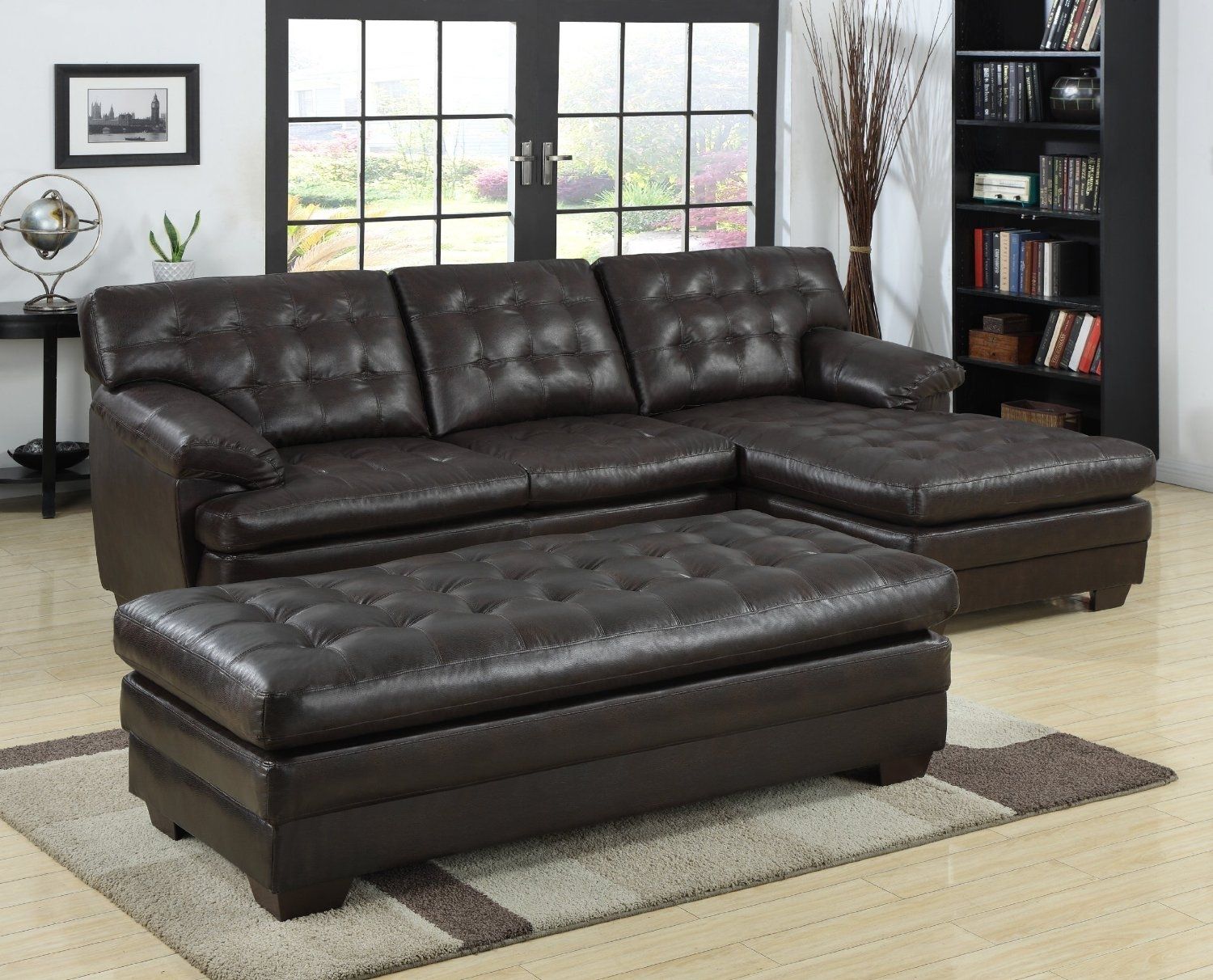 Black Tufted Leather Sectional Sofa With Chaise And Bench Seat Plus Pertaining To Leather Sectionals With Chaise And Ottoman (Photo 4 of 15)