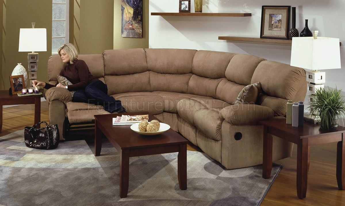 Camel Microfiber Reclining Sectional Sofa W/throw Pillows Pertaining To Camel Sectional Sofas (View 4 of 10)