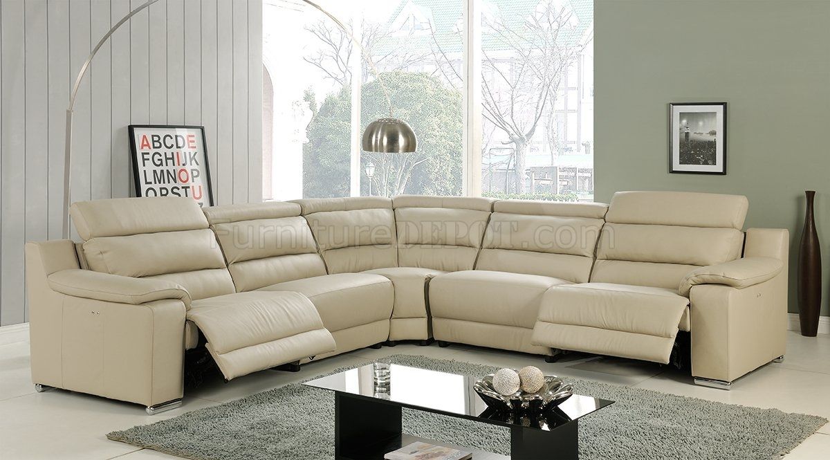 Elda Reclining Sectional Sofa In Beige Leatherat Home Usa Inside Leather Recliner Sectional Sofas 