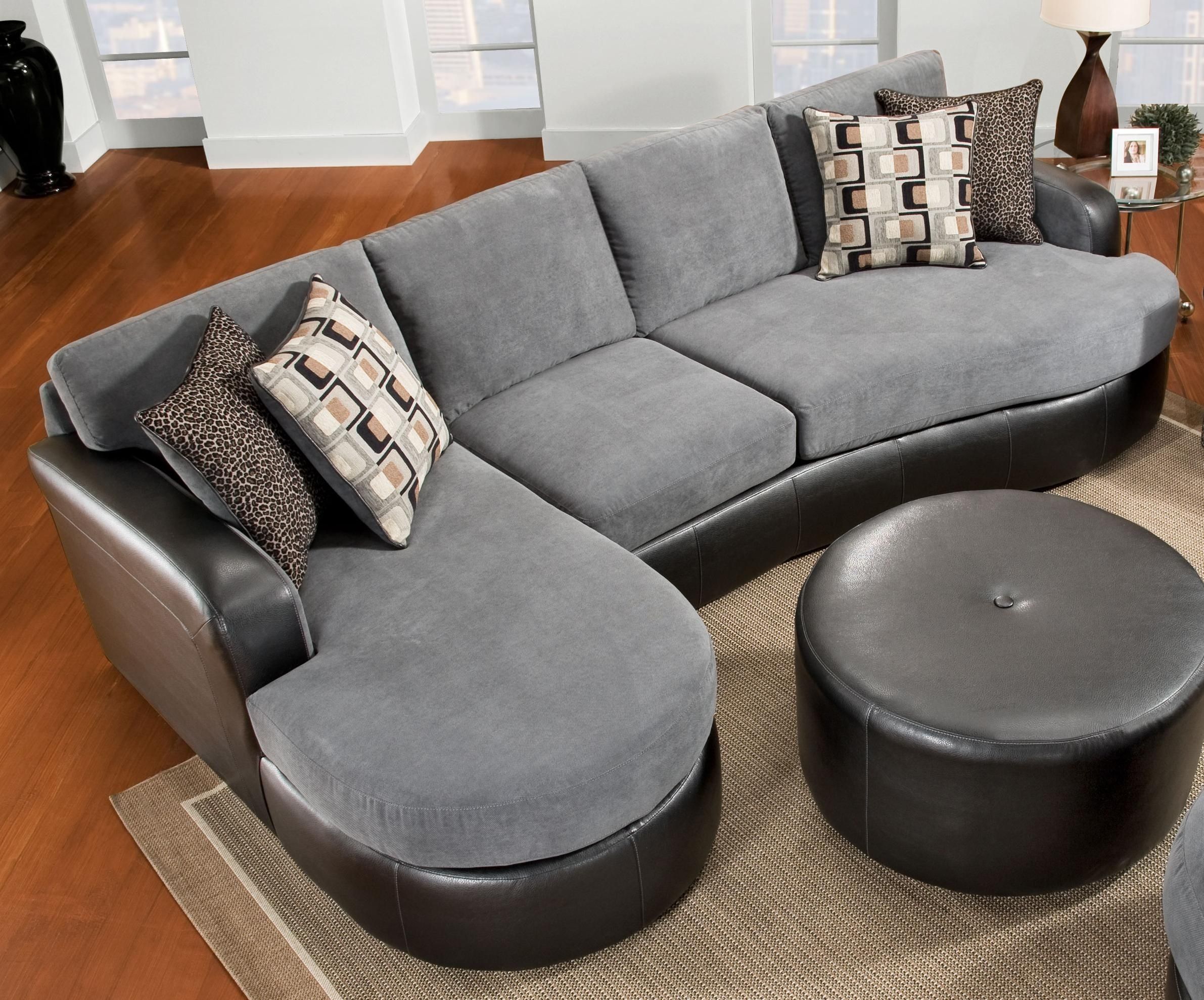 Elegant Chic Gray Velvet And Black Leather Sectional Sofa With F Regarding Leather Sectionals With Chaise And Ottoman (View 7 of 15)