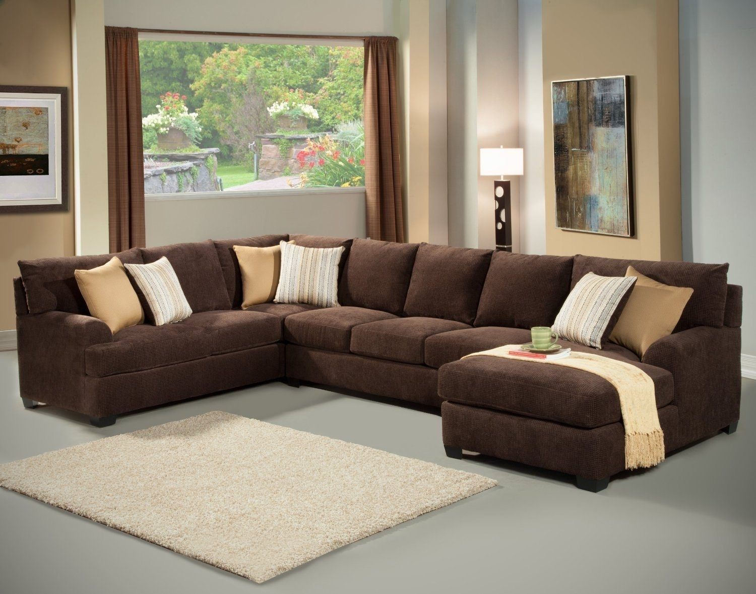 Living Room Brown Sectional Buffalo Check Curtains