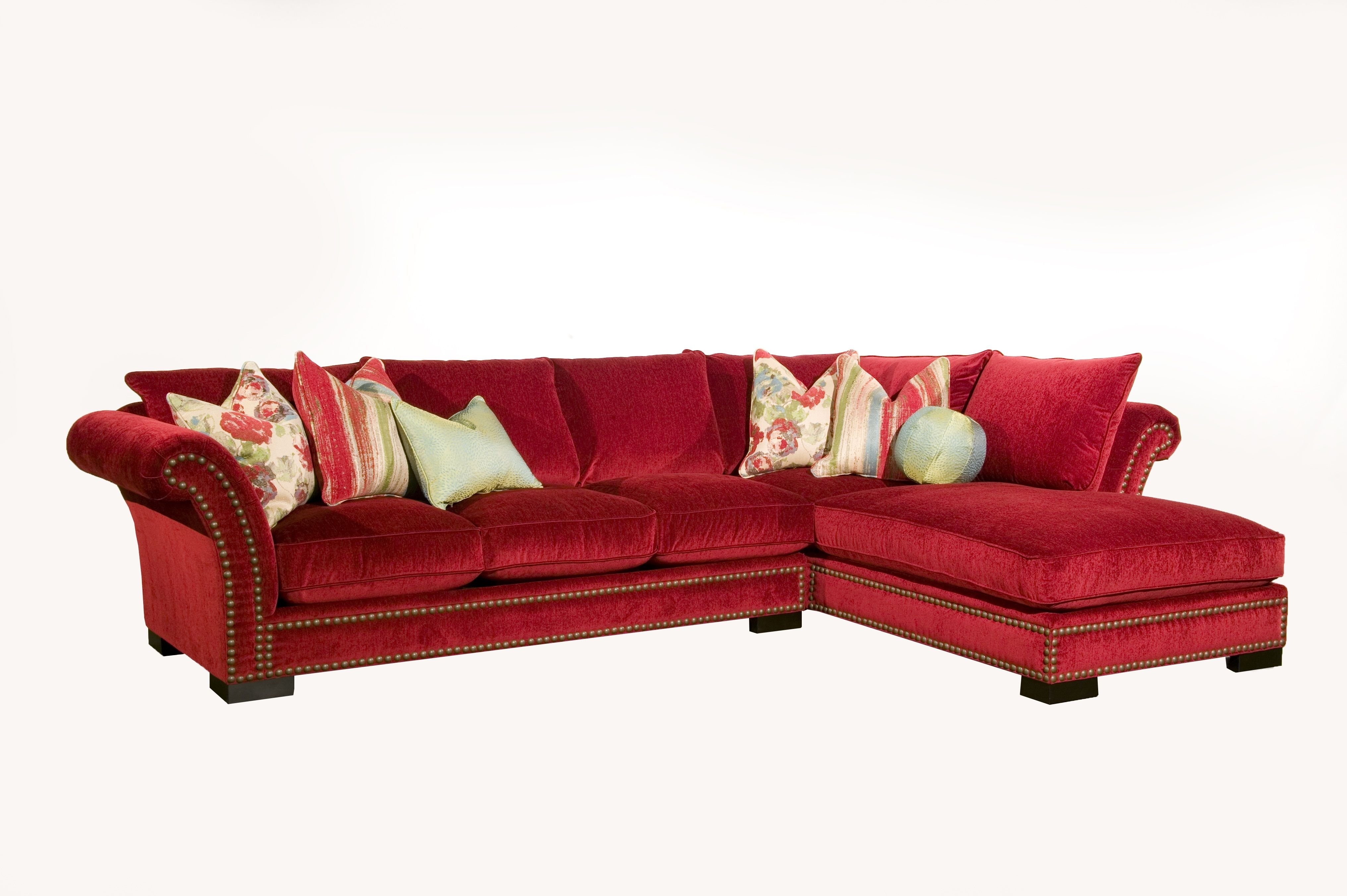 L Shaped Red Velvet Sectional Sofa With Back And Brown Stitching Within Velvet Sectional Sofas (View 9 of 10)