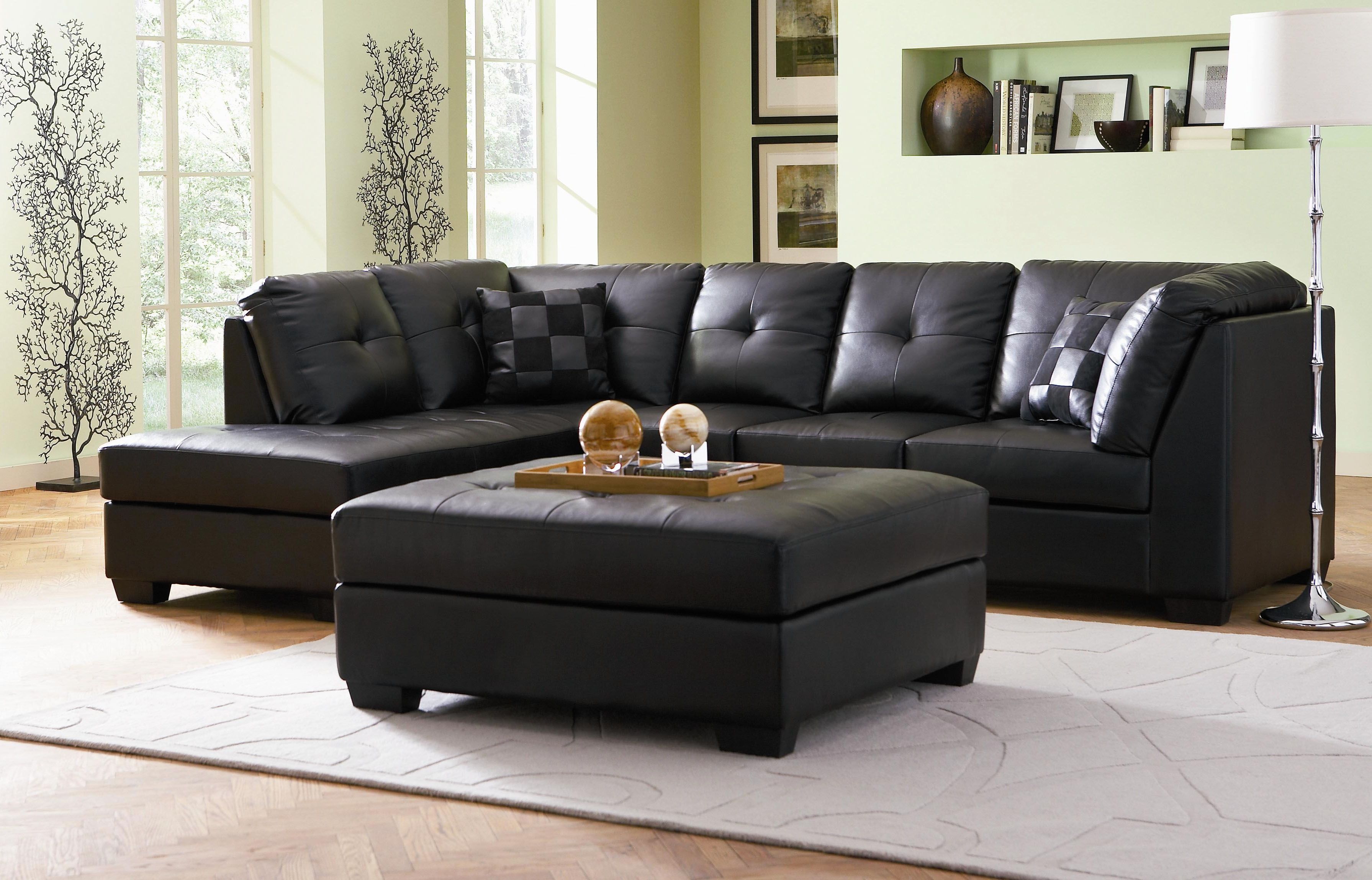Leather Sectional Sofa For Small Living Room In Black Color With Regarding Leather Sectionals With Chaise And Ottoman (View 13 of 15)
