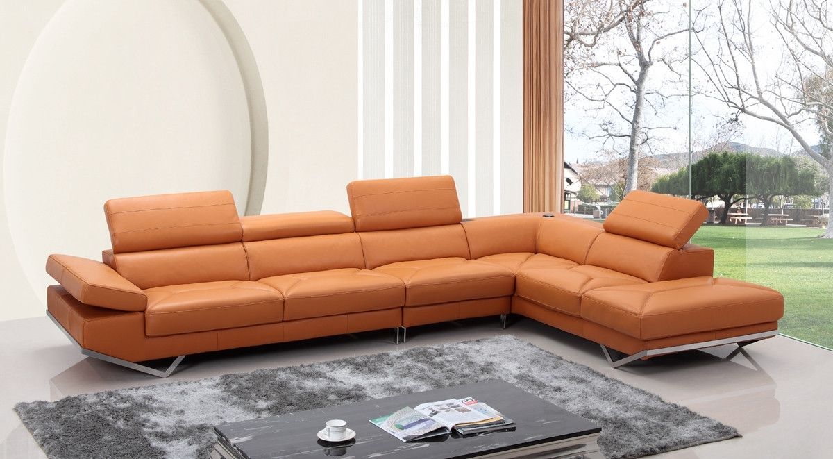 Modern Orange Leather Sectional Sofa With Regard To Quebec Sectional Sofas (View 4 of 10)