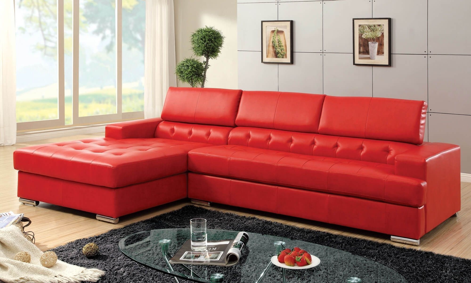red sectional faux leather sofa with chaise