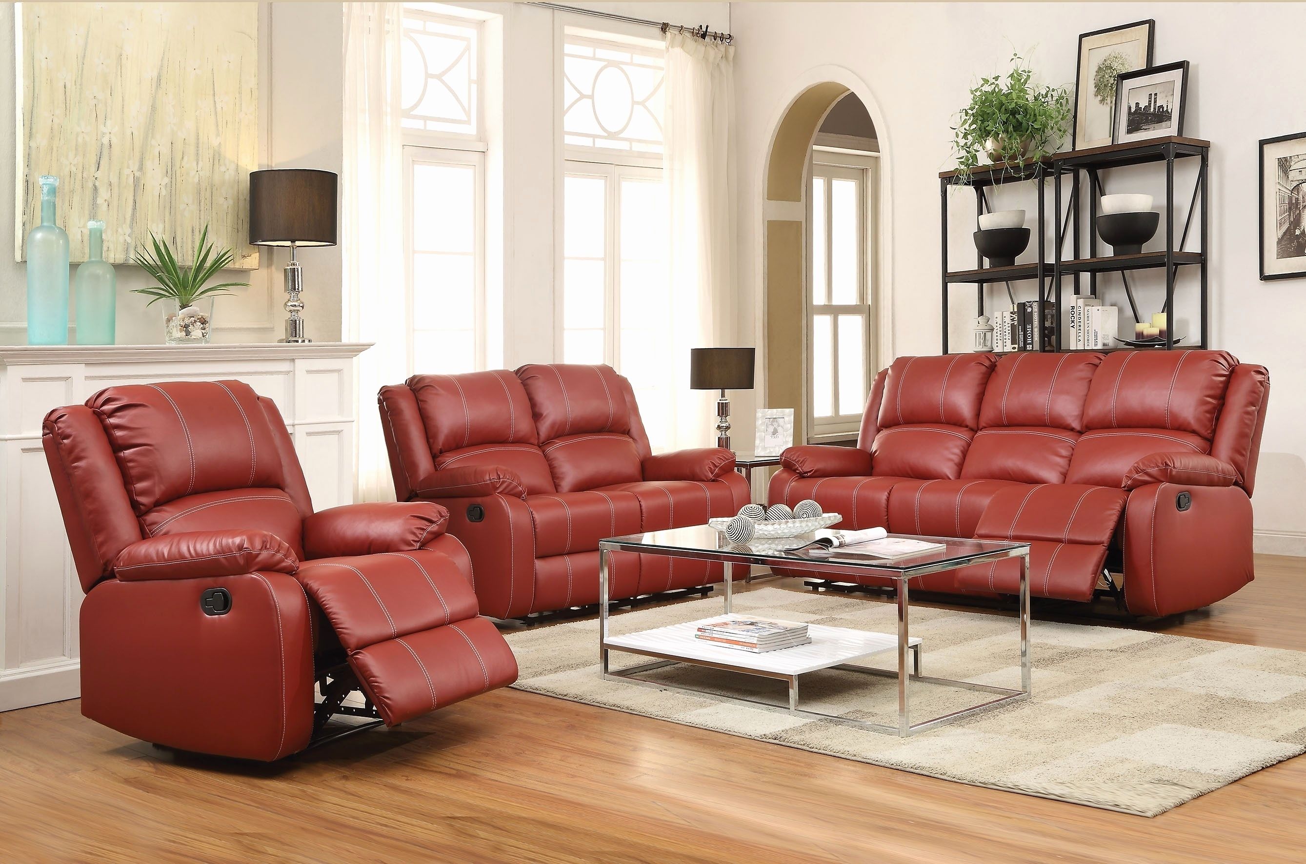 red leather sofa with cup holders