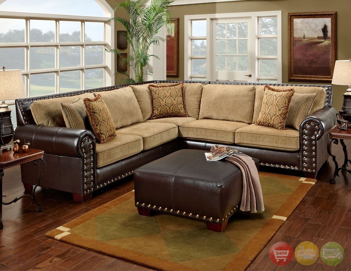 Traditional Brown & Tan Sectional Sofa W/ Nailhead Accents 650 17 In Pittsburgh Sectional Sofas (View 3 of 10)