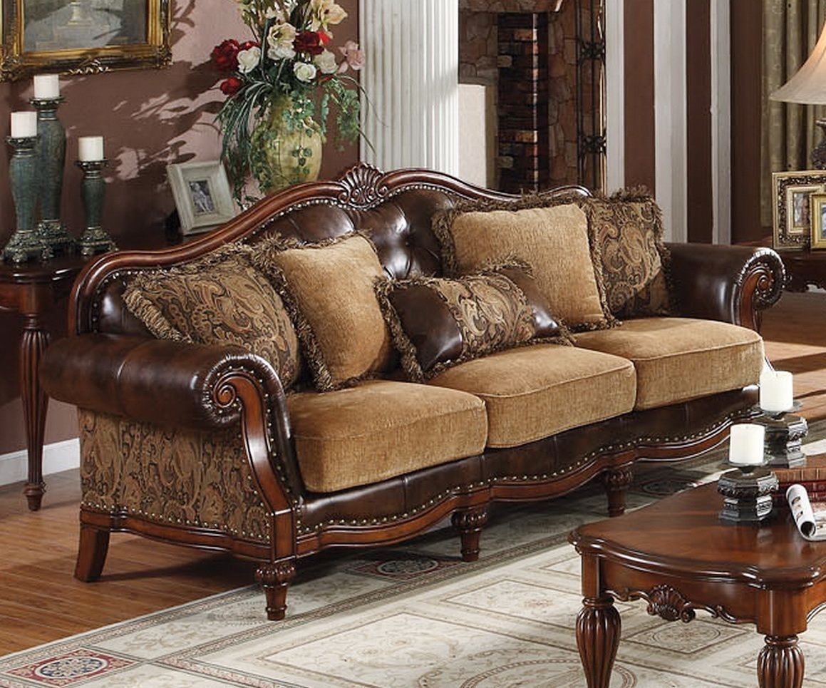 Traditional Sofas | Dreena Traditional Bonded Leather And Chenille Within Traditional Sofas (View 5 of 10)