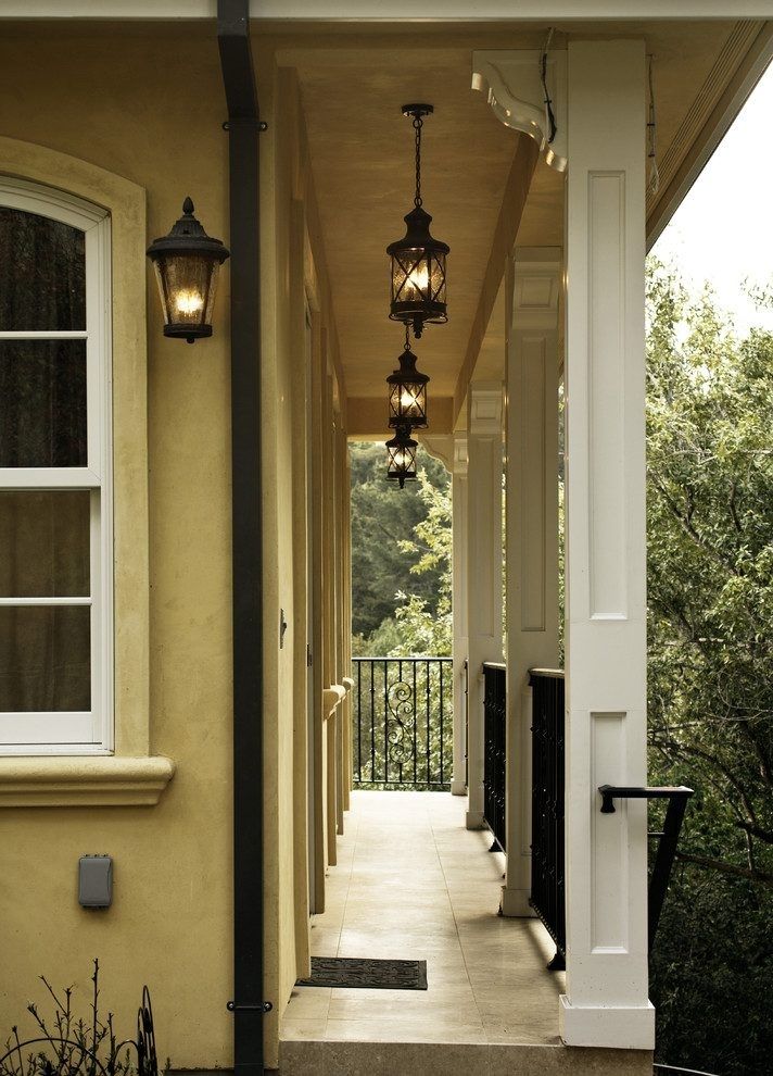 Front Porch Lighting Porch Traditional With Yellow Stucco Yellow Within Hanging Outdoor Entrance Lights (View 6 of 10)