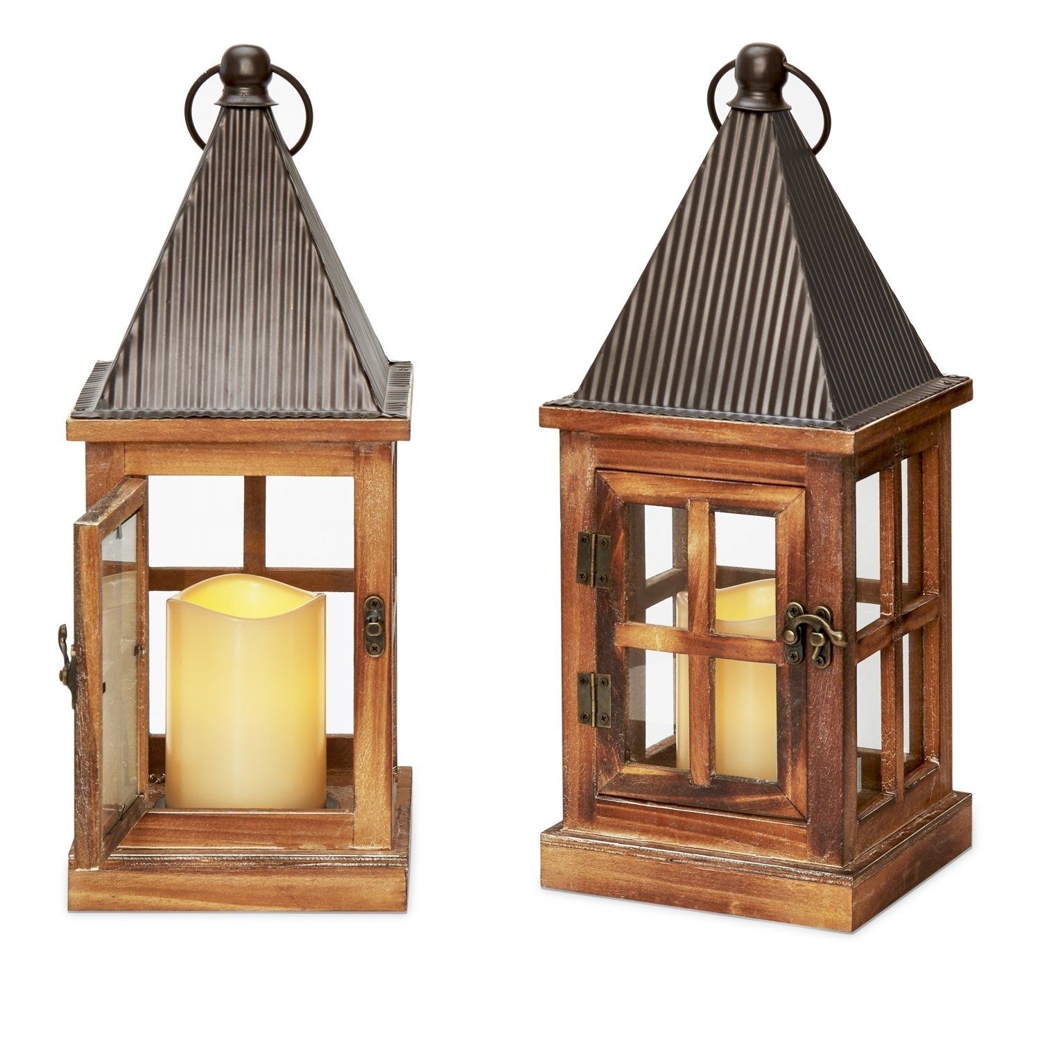 2 Warm White Led Ivory Resin Flameless Tin & Wood Lanterns, Rustic Pertaining To Resin Outdoor Lanterns (View 11 of 20)