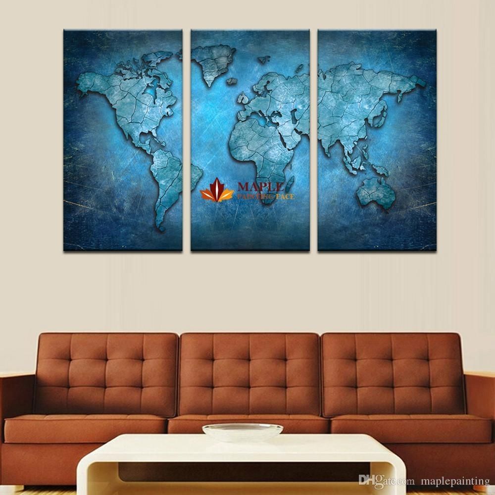 2018 3 Panels Large Modern Abstract Blue Map Hd Picture Canvas Print Pertaining To Large Framed Canvas Wall Art (View 8 of 20)