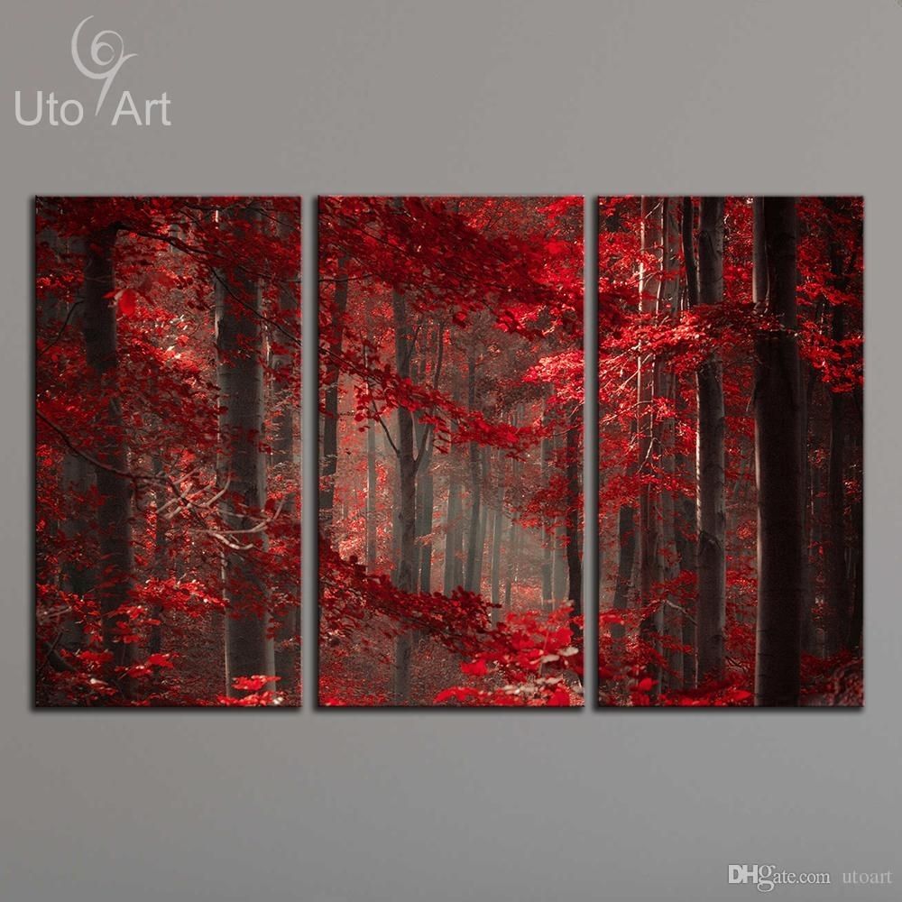 2018 Morden 3 Panel Wall Art Painting Red Enchanted Forest Giclee With Regard To Panel Wall Art (Photo 1 of 20)