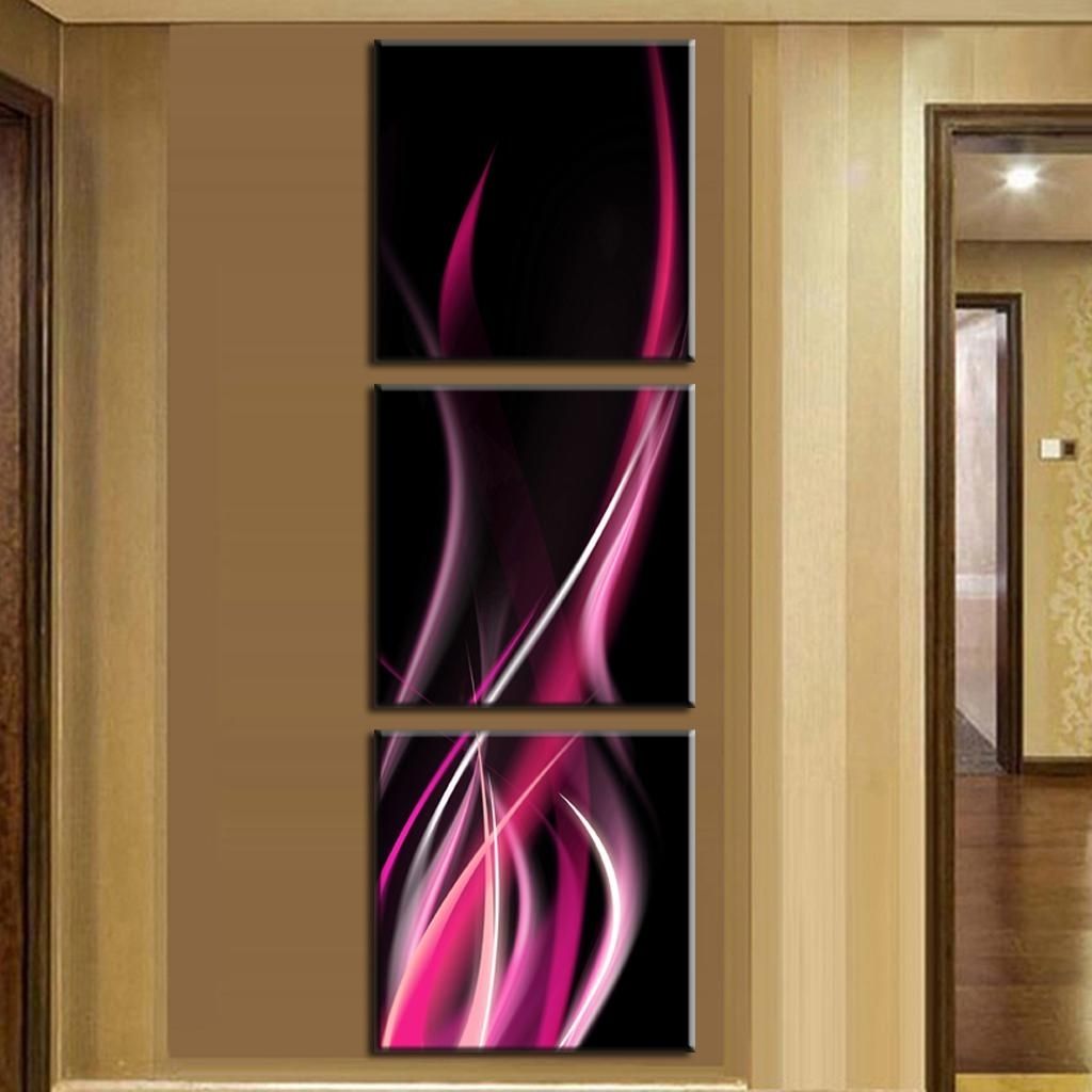 3 Pcs/set Abstract Canvas Wall Art Pink Flame In Black Canvas Prints For Vertical Wall Art (Photo 18 of 20)