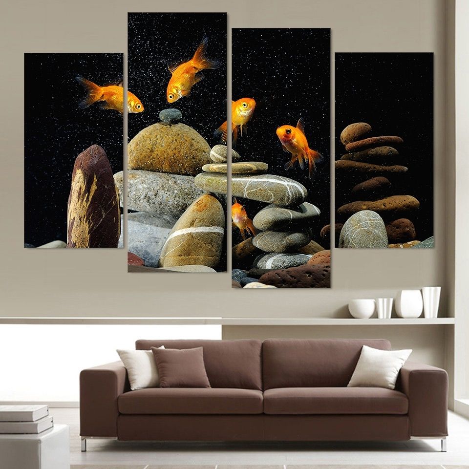 4 Panel Canvas Art Canvas Painting Fish Aquarium Stones Hd Printed Inside Panel Wall Art (Photo 4 of 20)