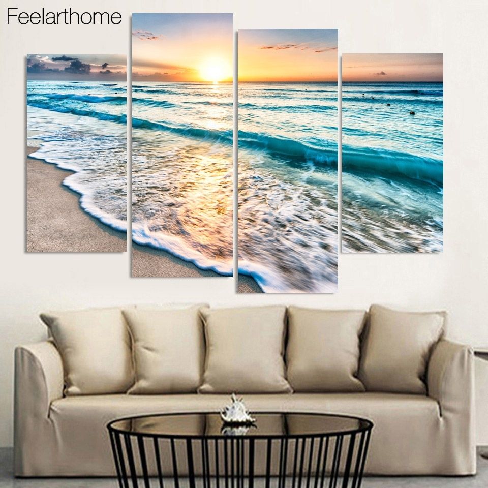 4 Panel Free Shipping Seascape Sunset Beach Sand Print Painting On Throughout Beach Wall Art (View 12 of 20)