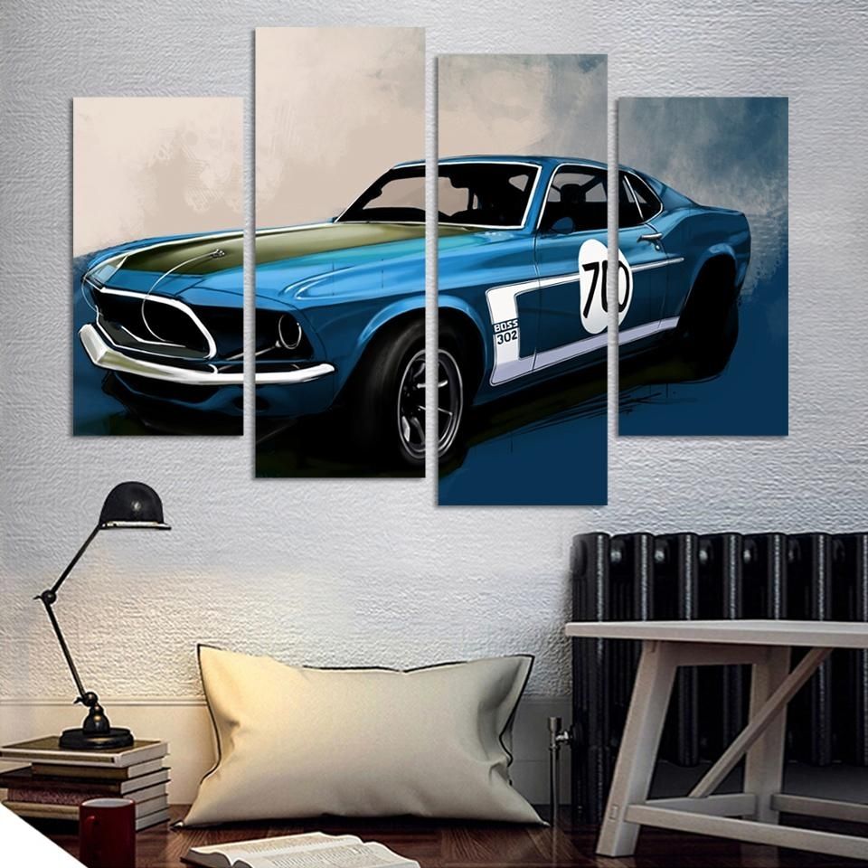 4 Pcs Blue Sports Car Wall Art Painting Home Decoration Living Room Pertaining To Car Canvas Wall Art (Photo 1 of 20)