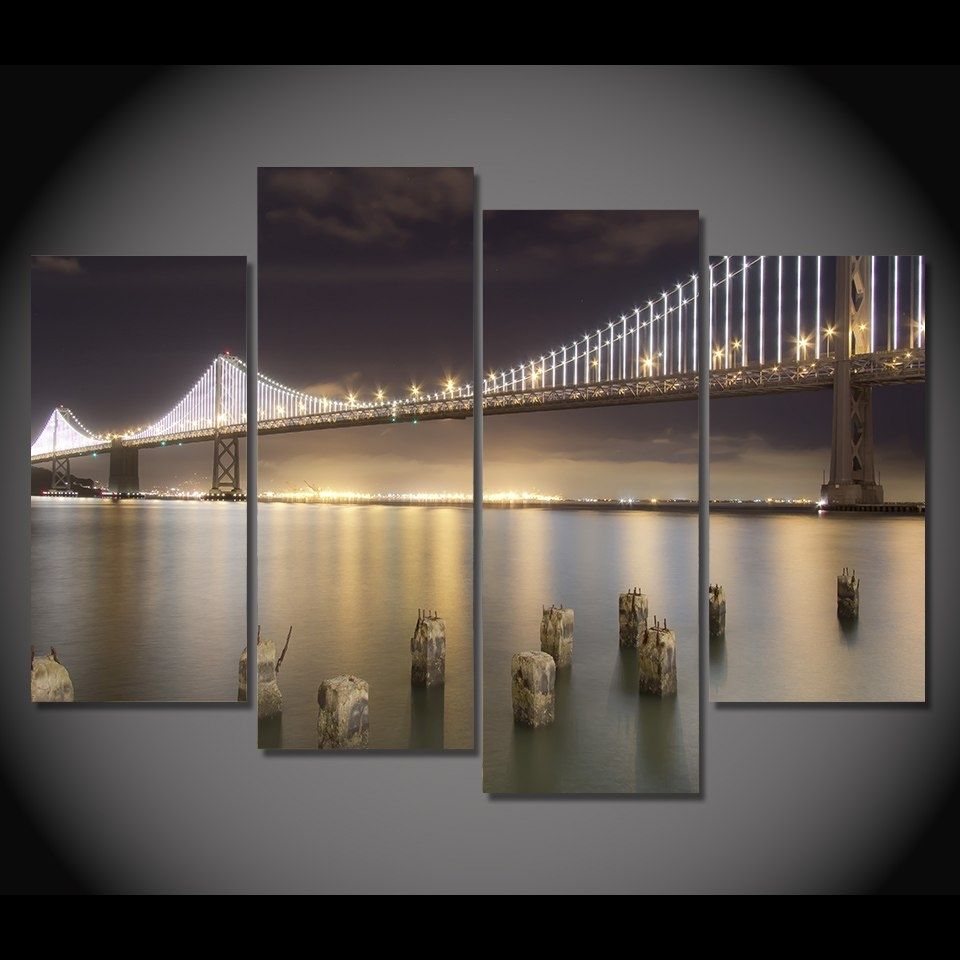 4 Pcs/set Framed Hd Printed San Francisco Bridge Night Picture Wall With Regard To San Francisco Wall Art (Photo 1 of 20)