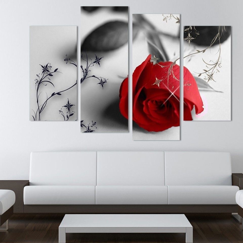 4 Piece Beautiful Red Rose Flowers Wall Painting Modern Home Living Within Living Room Wall Art (View 14 of 20)