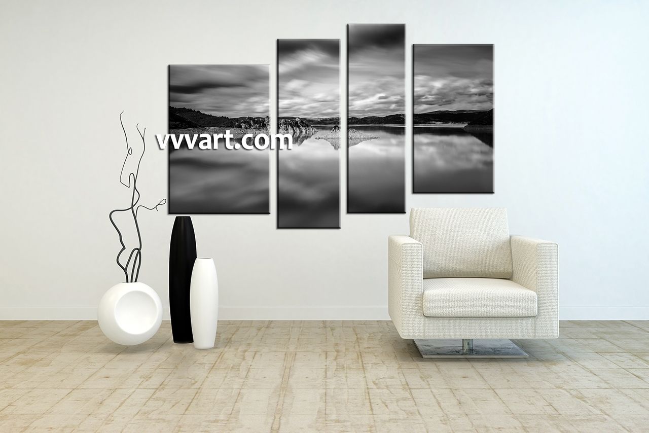 4 Piece Canvas Ocean Black And White Wall Art, Black And White Within Black And White Large Canvas Wall Art (View 14 of 20)
