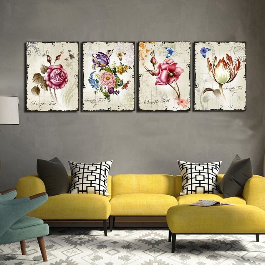 4 Pieces Classic Floral Wall Art Canvas Prints Flower Combination For Cheap Canvas Wall Art (View 13 of 20)