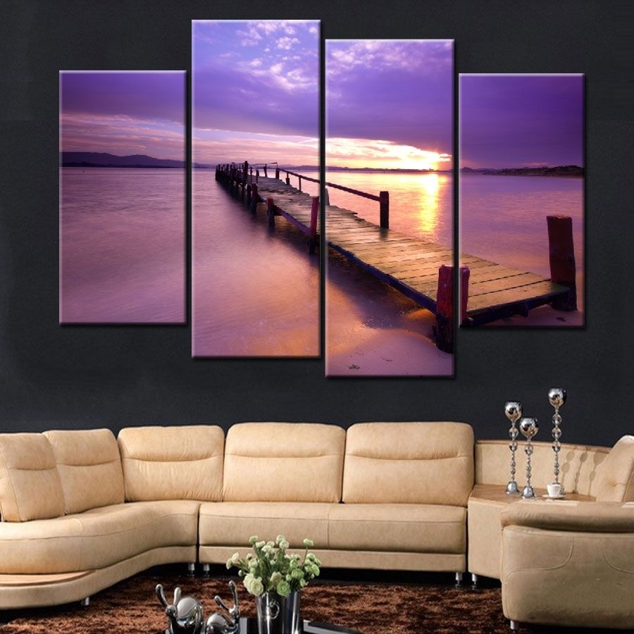 4 Pieces Popular Warm Purple Modern Wall Painting Beach Sunset Sea With Regard To Popular Wall Art (View 6 of 20)