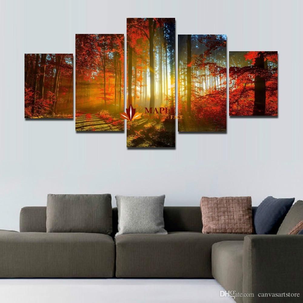 5 Panel Forest Painting Canvas Wall Art Picture Home Decoration For For Cheap Canvas Wall Art (View 2 of 20)
