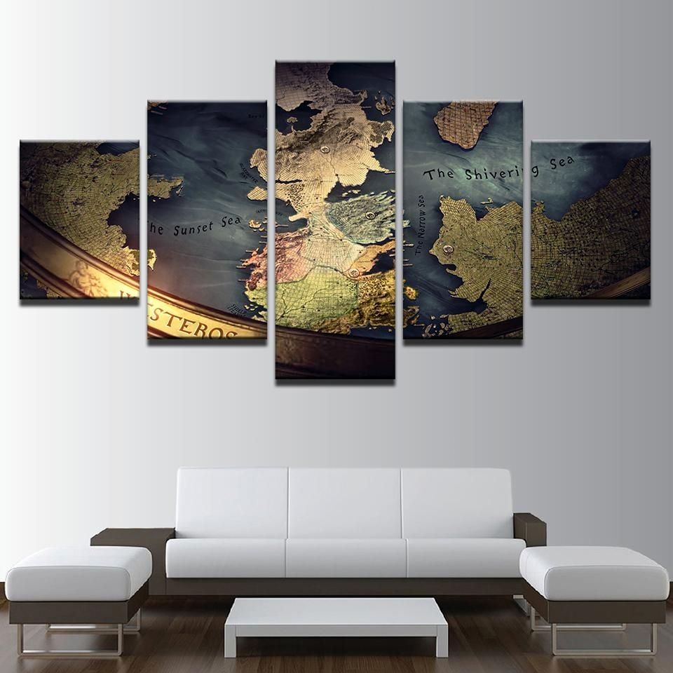 5 Panel Game Of Thrones World Map Print Mediterranean Wall Art On Within Panel Wall Art (Photo 17 of 20)