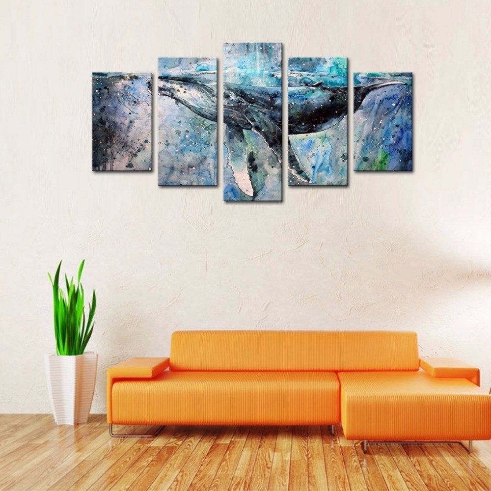 5 Panels Abstract Blue Whale Picture Canvas Prints Modern Wall Art For Whale Canvas Wall Art (View 15 of 20)