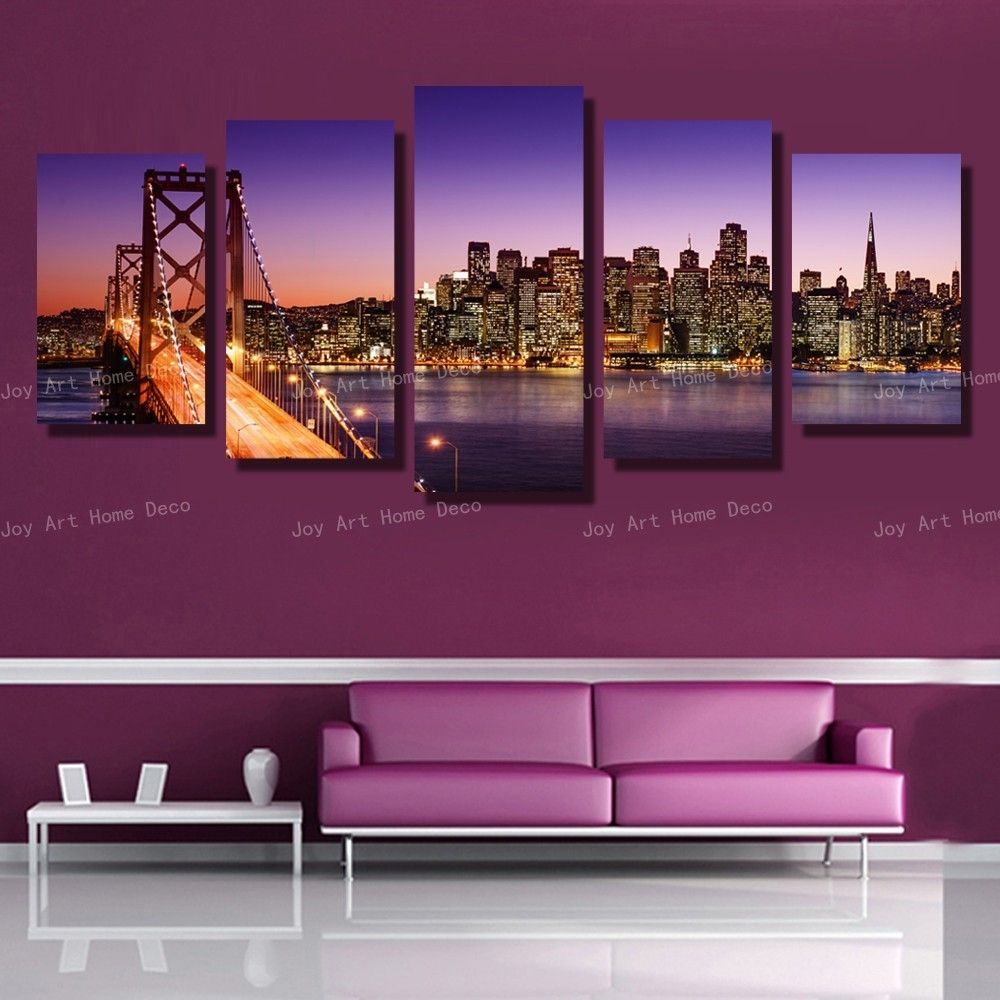 5 Panels San Francisco Bay Bridge Canvas Wall Art Print On Canvas With Regard To San Francisco Wall Art (Photo 9 of 20)