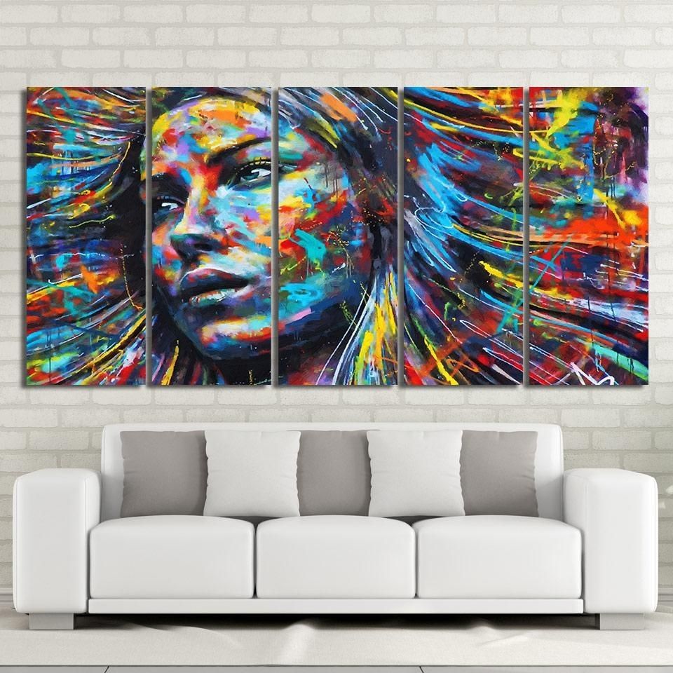 5 Piece Canvas Art Colorful Hair Figure Woman Face Painting Free In Wall Art (View 2 of 20)