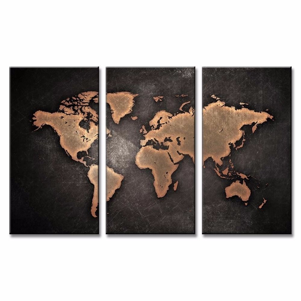 Abstract Black Gold World Map Canvas Wall Art Painting Framed 3 In Black And Gold Wall Art (Photo 10 of 20)