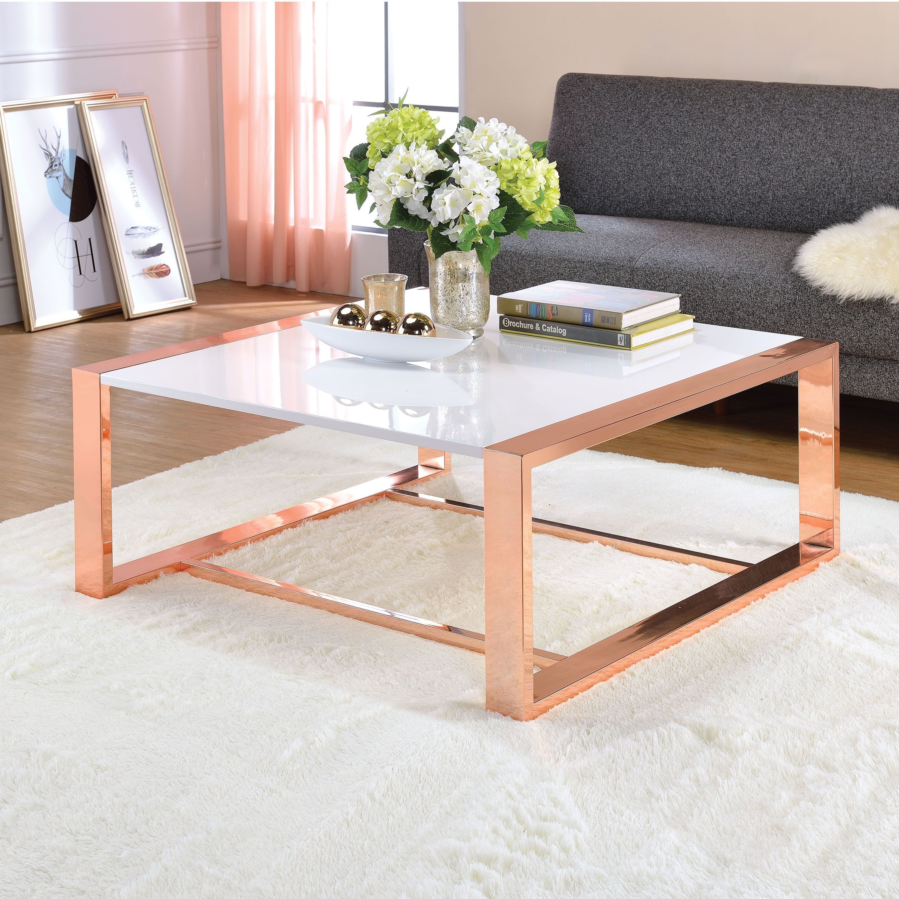 Acme Furniture Porviche White High Gloss And Rose Gold Coffee Table With Stack Hi Gloss Wood Coffee Tables (View 2 of 30)
