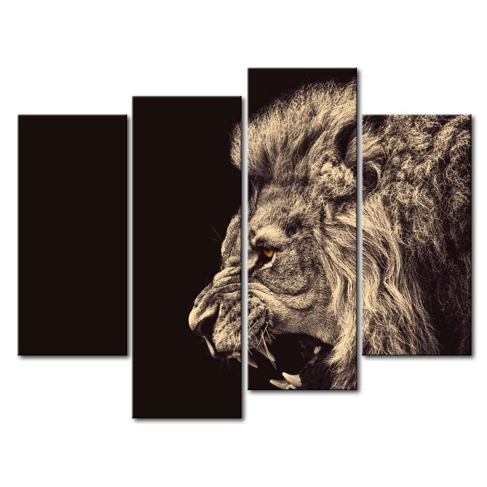 Amazon: 4 Panel Wall Art Painting Roar Lion Pictures Prints On Inside Lion Wall Art (Photo 2 of 20)