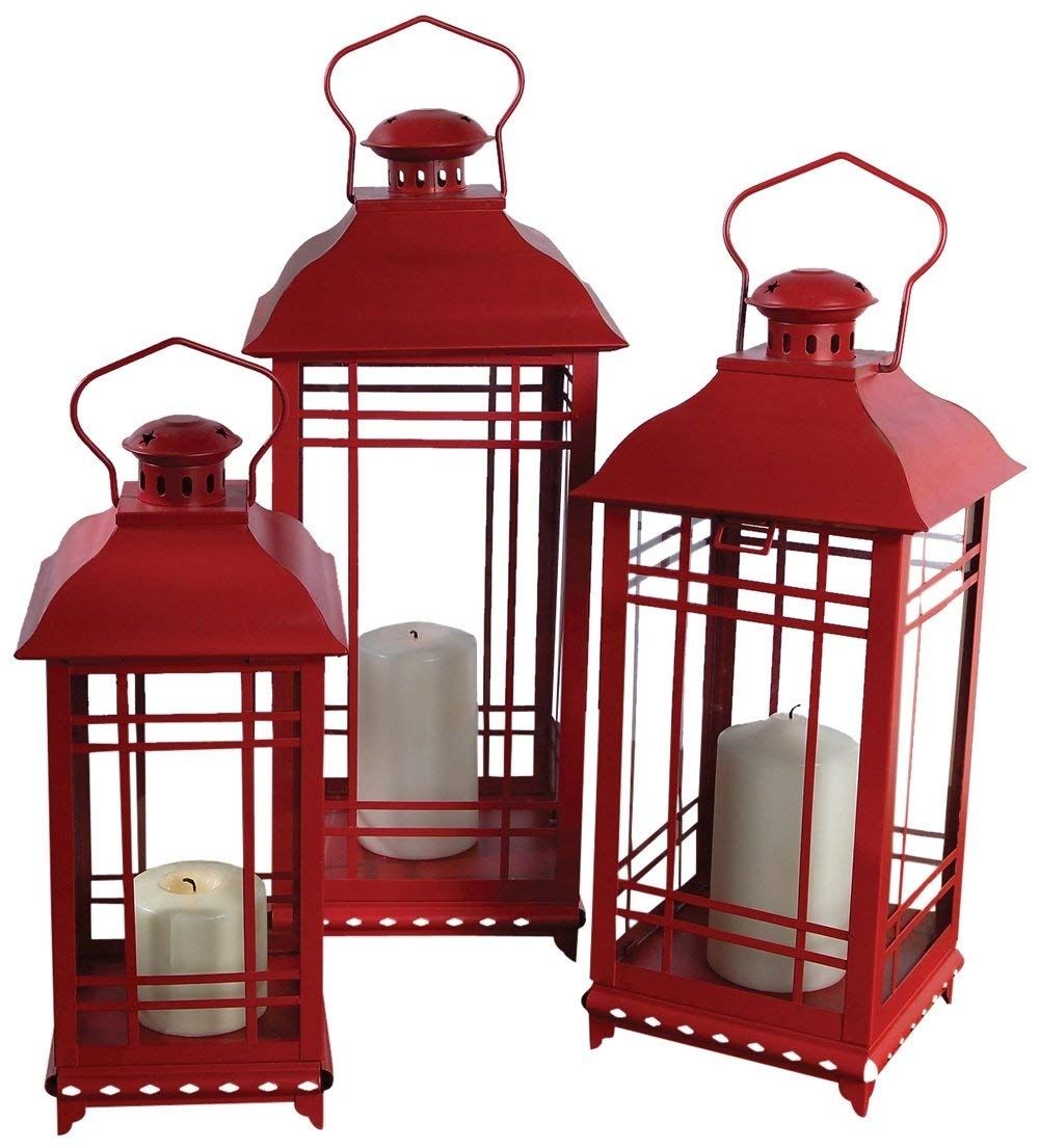 Amazon: Melrose International Metal And Glass Lantern, Red, Set Regarding Outdoor Lanterns At Amazon (Photo 2 of 20)