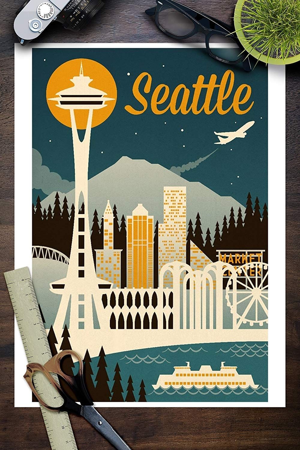 Amazon: Seattle, Washington – Retro Skyline (9x12 Art Print In Seattle Map Wall Art (Photo 13 of 20)