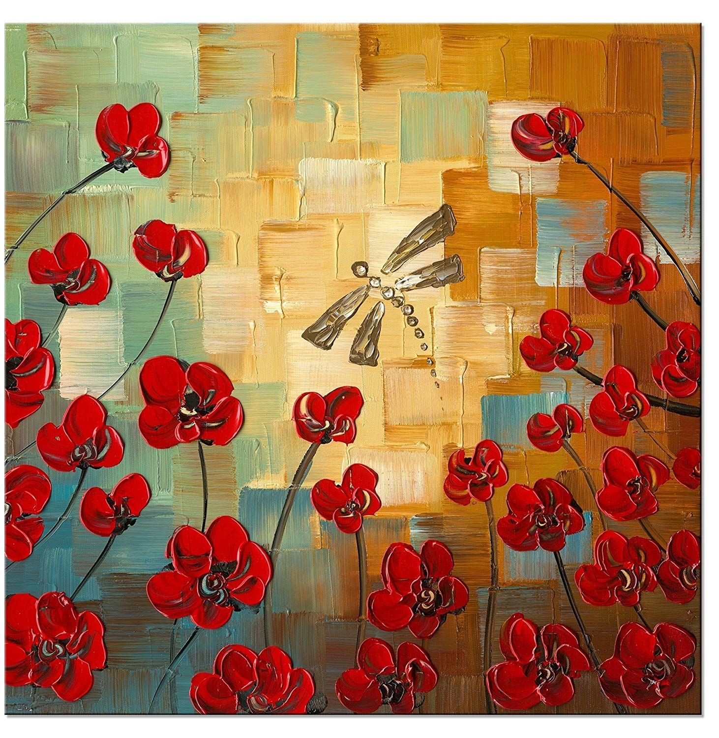 Amazon: Wieco Art Dragonfly Modern Flowers Artwork 100% Hand With Regard To Dragonfly Painting Wall Art (Photo 1 of 20)