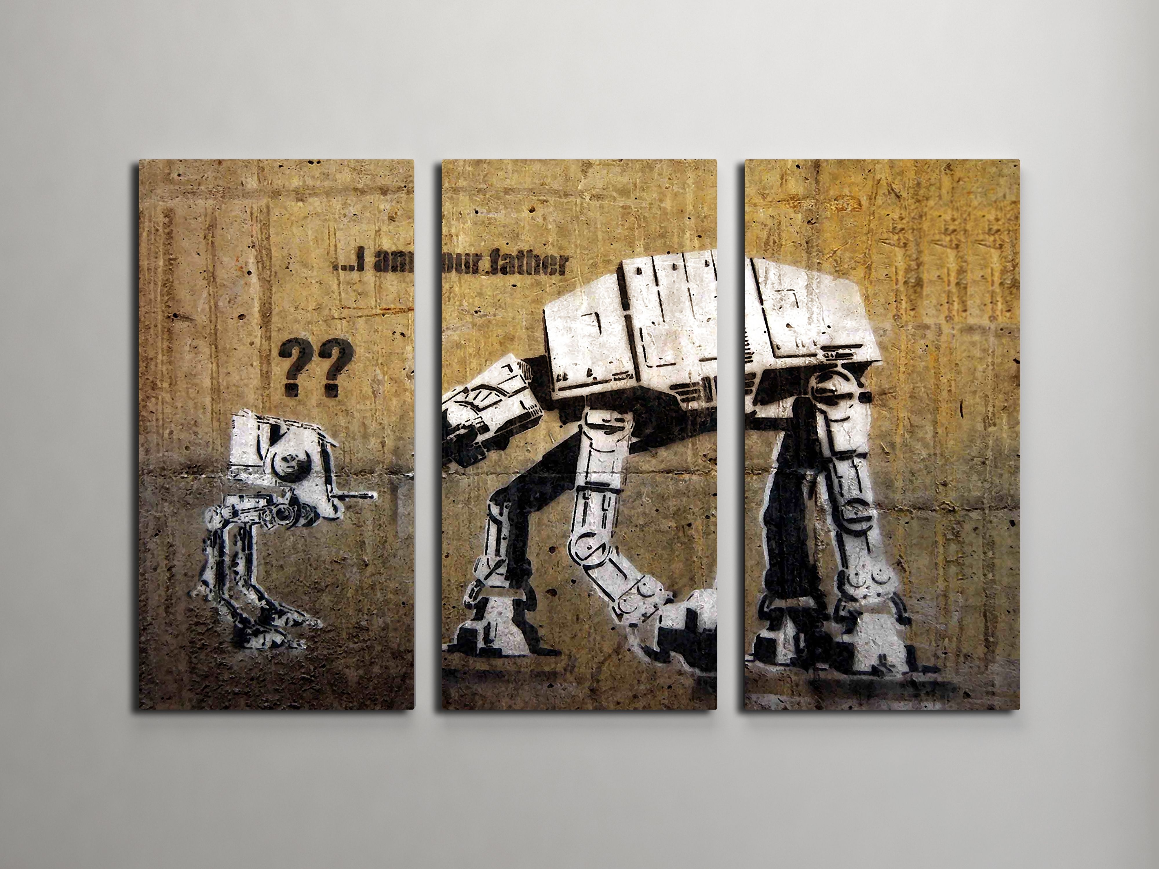 Banksy I Am Your Father (star Wars) Triptych Canvas Wall Art Regarding Triptych Wall Art (Photo 1 of 20)