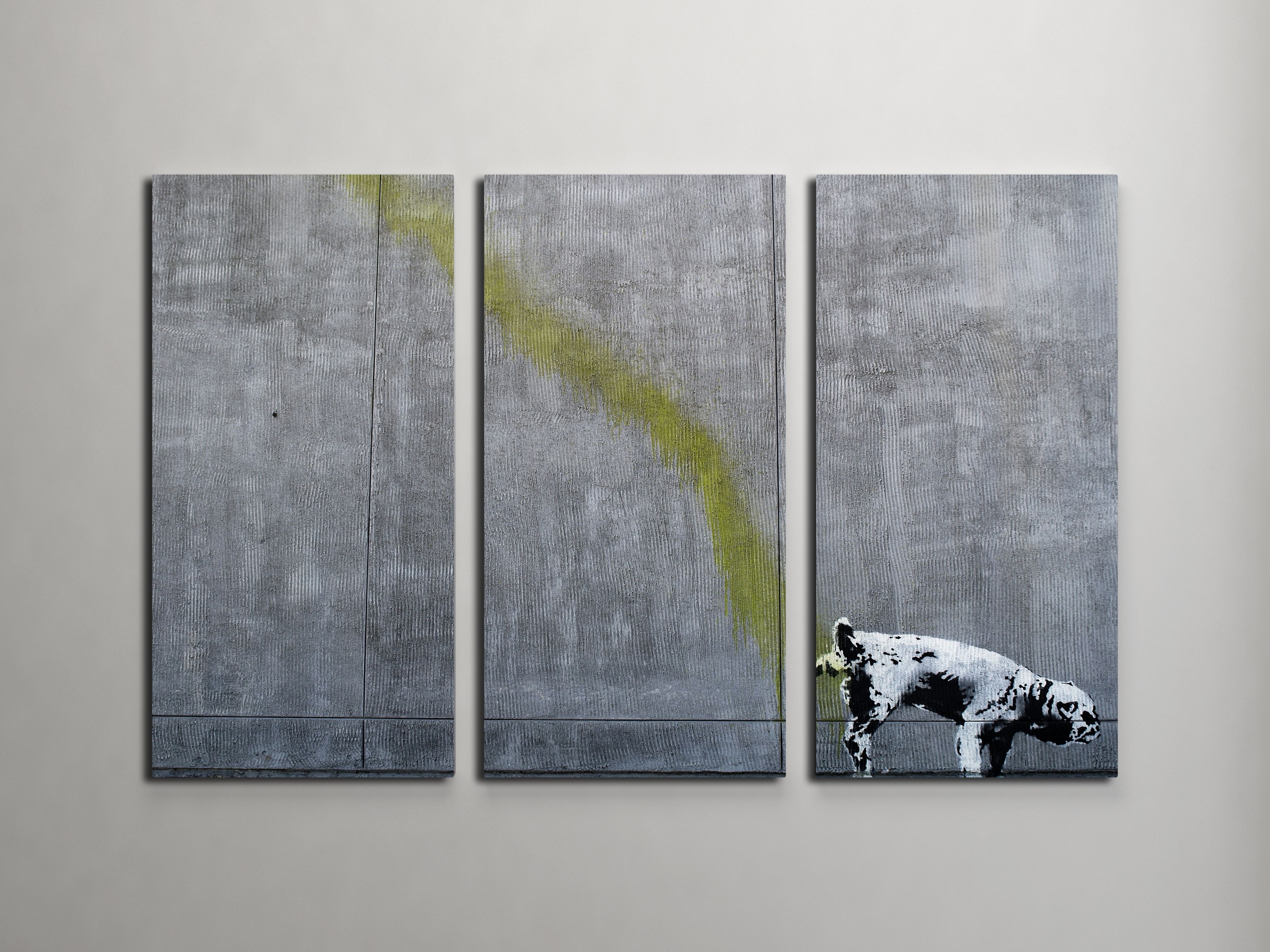 Banksy Pissing Dog Triptych Canvas Wall Art Throughout Triptych Wall Art (Photo 4 of 20)