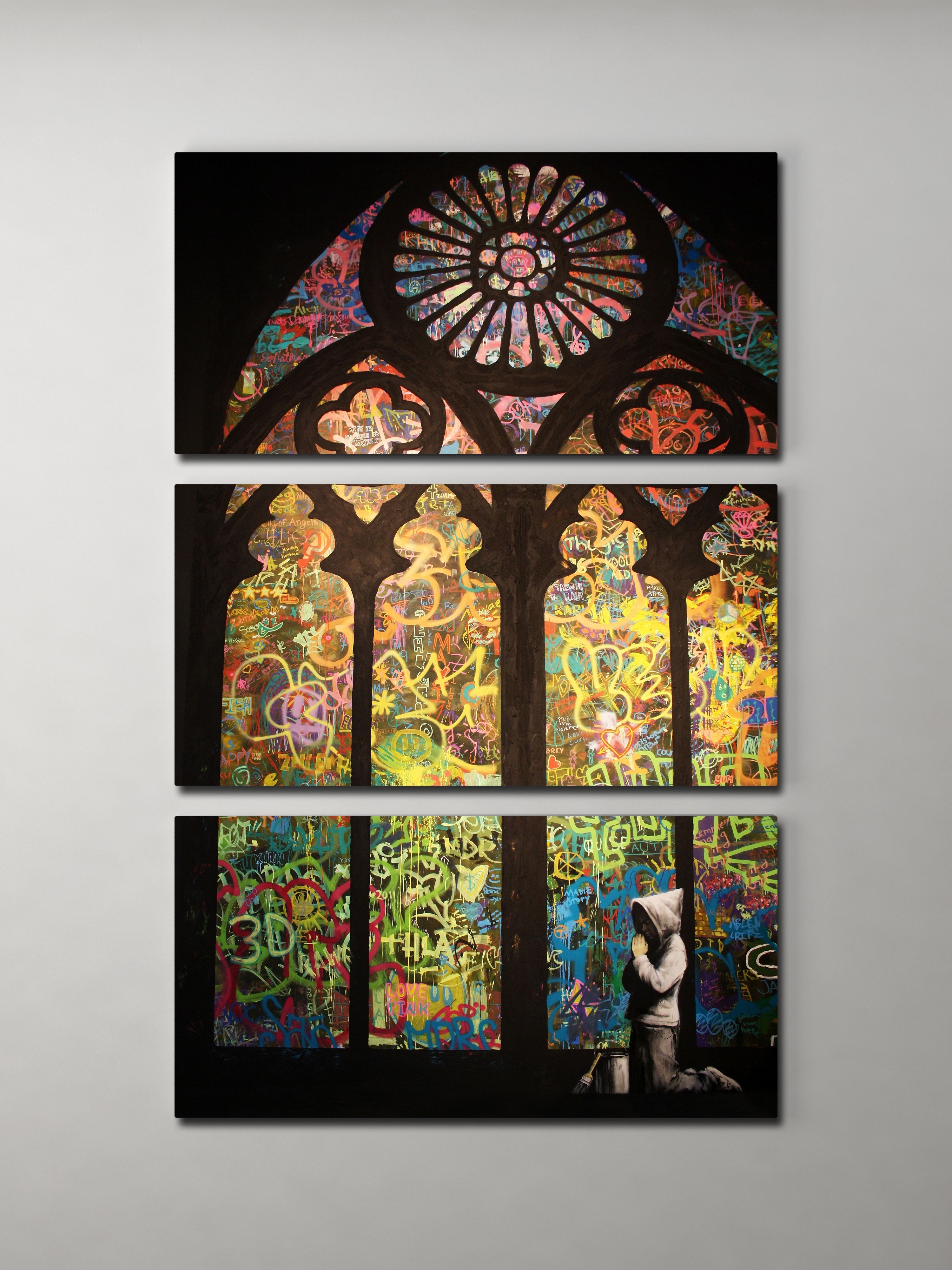 Banksy Stained Glass Cathedral Triptych Canvas Wall Art With Stained Glass Wall Art (Photo 1 of 20)